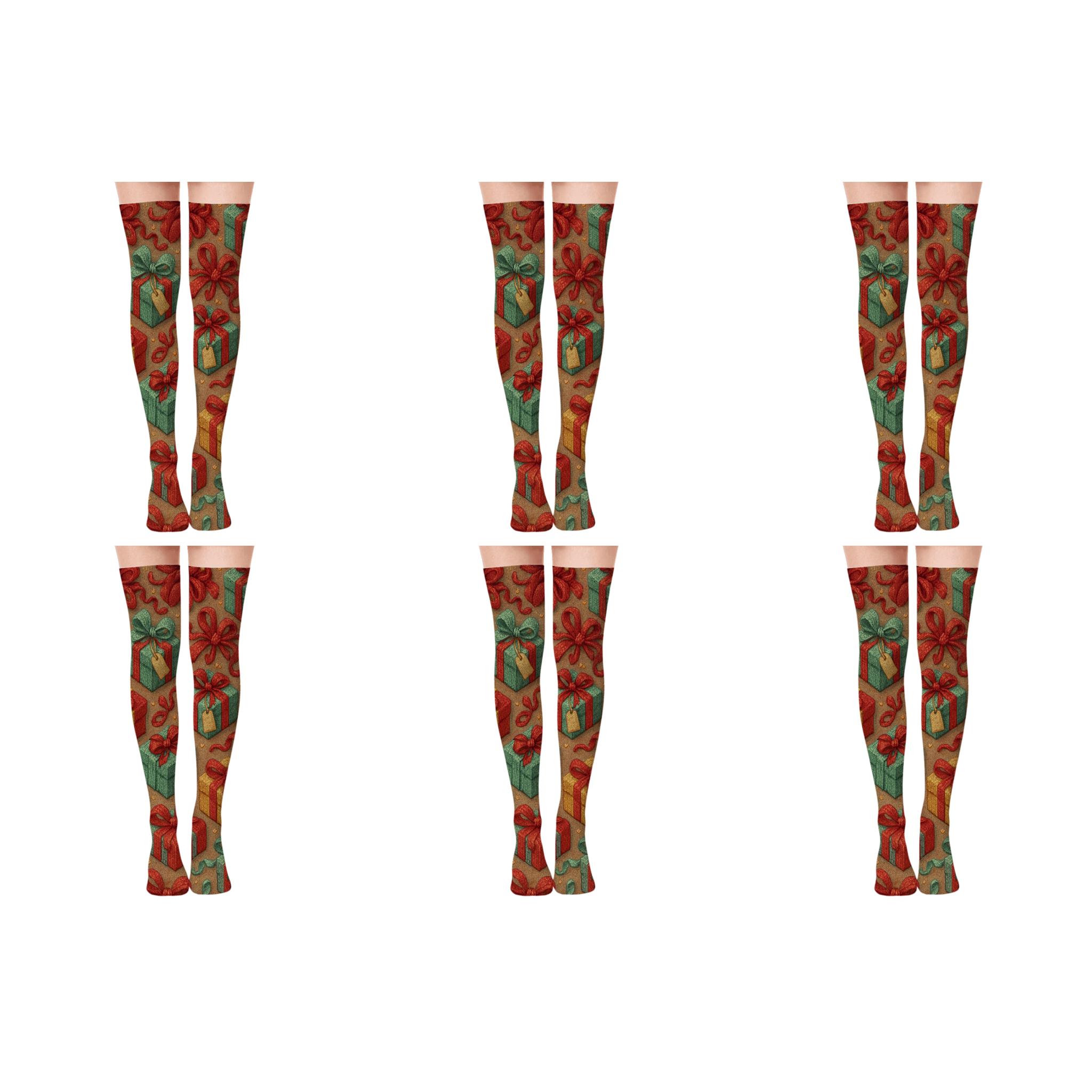 Chevron Ribbon With Presents Motif comfortable cotton over-the-knee socks
