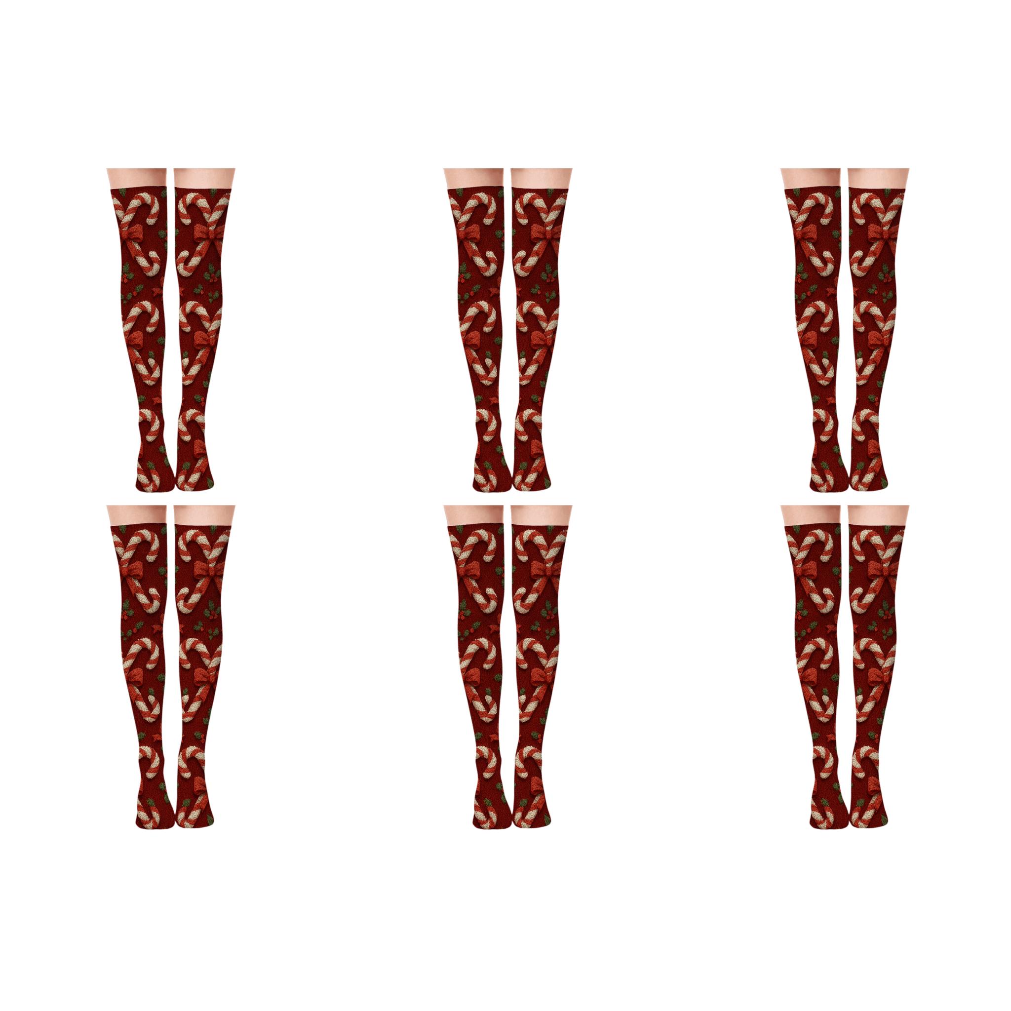 Peppermint Lattice With Candy Canes Medallions comfortable cotton over-the-knee socks