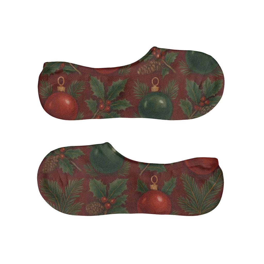 Evergreen Ornament Grid On Deep Red designer print no-show socks