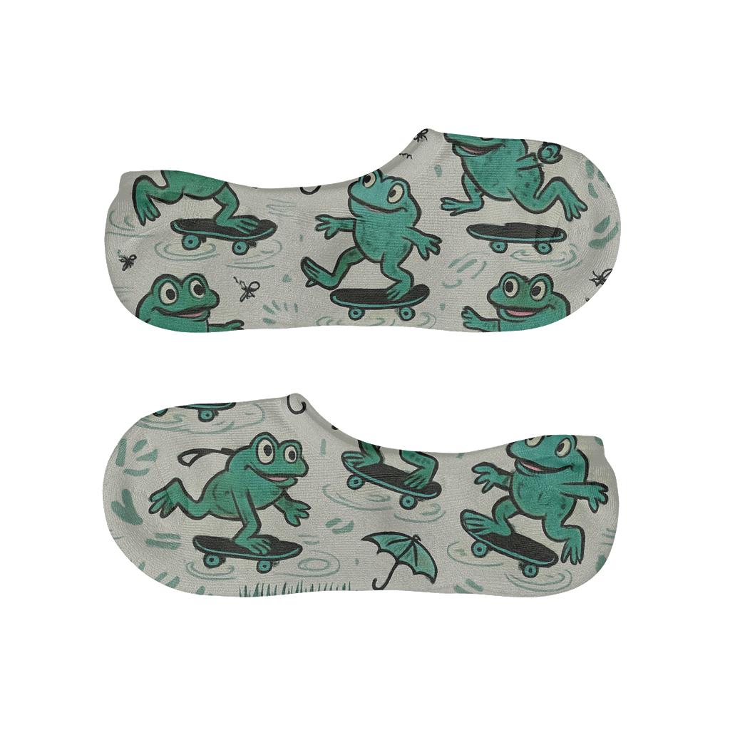 Rain Kissed Skateboard Frogs On Neutral Gray designer print no-show socks