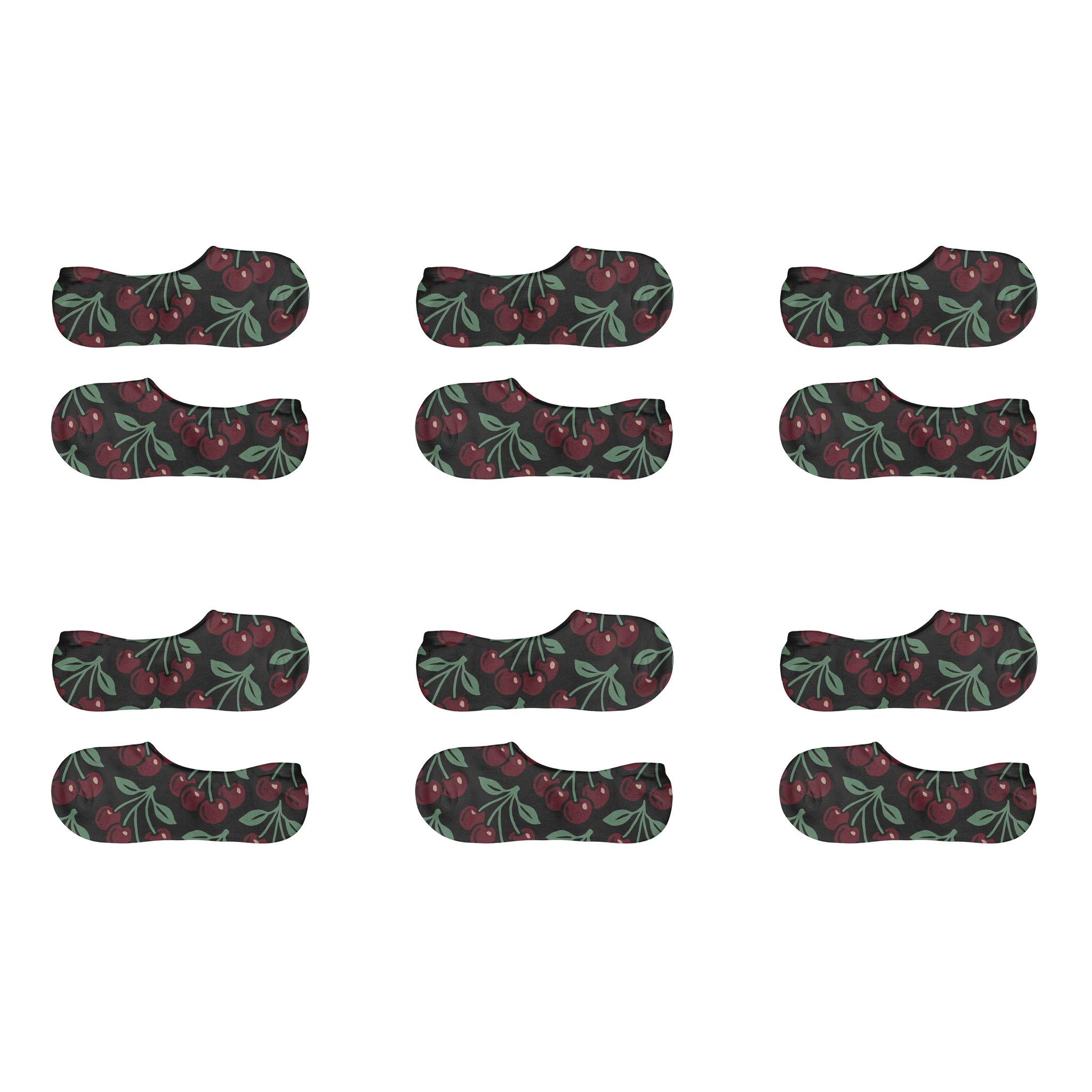 Diagonal Cherry Cluster Bands On Black soft cotton no-show socks