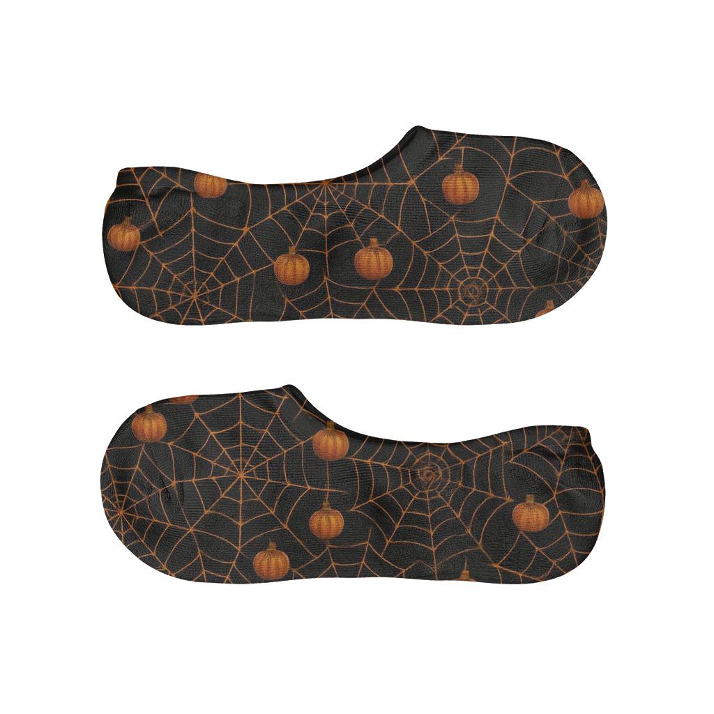 Spider Web Overlay With Pumpkins On Black Background designer printed no-show socks