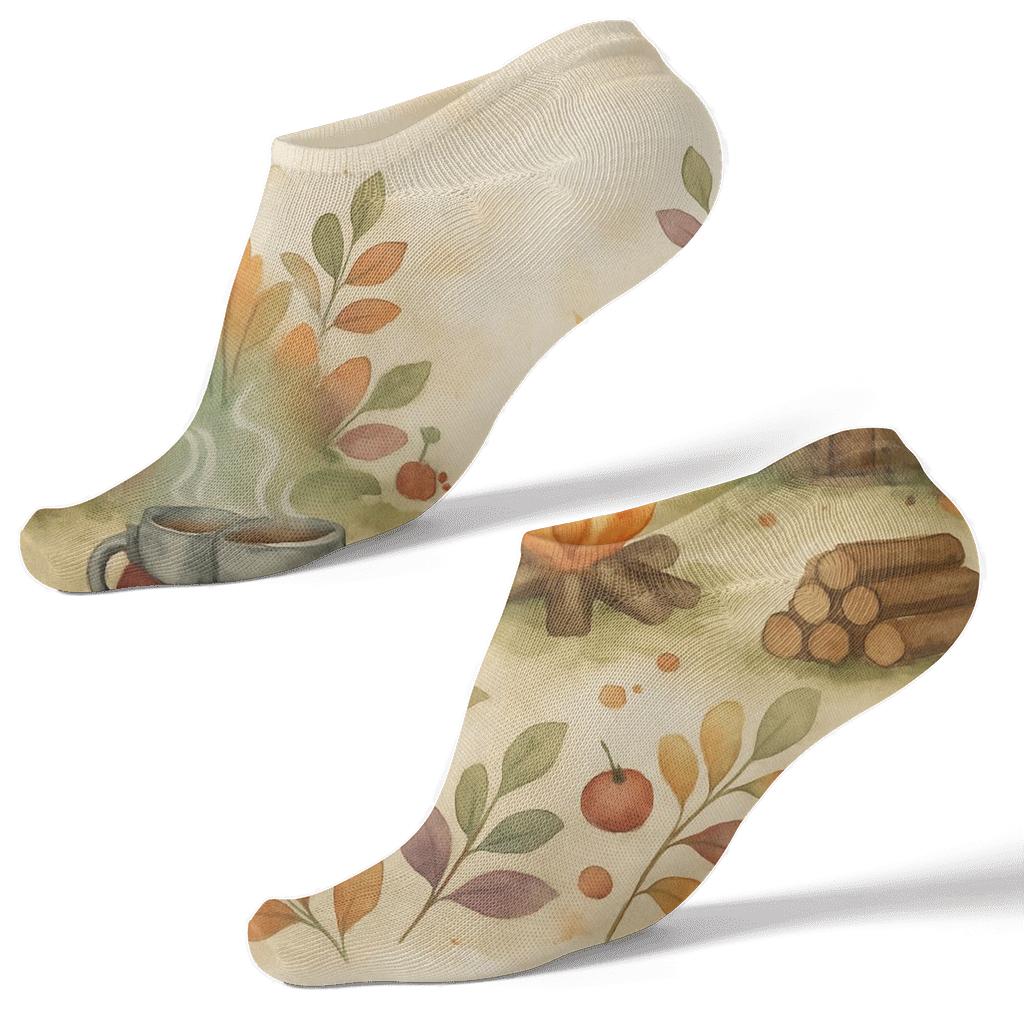 Cozy Cabin Wraparound Scene On Beige unique graphic ankle socks