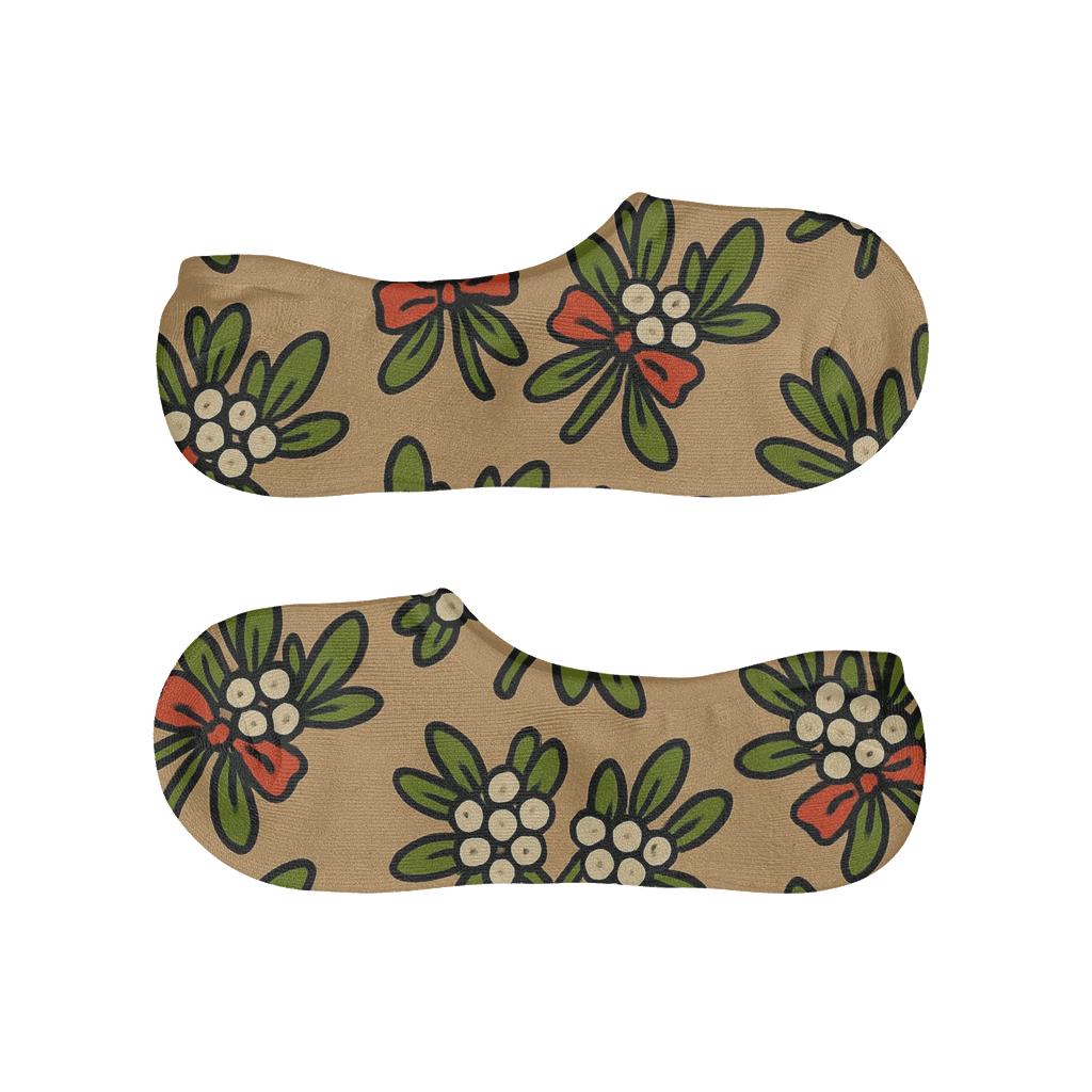 Paired Kissing Sprigs Mistletoe Motif designer print no-show socks