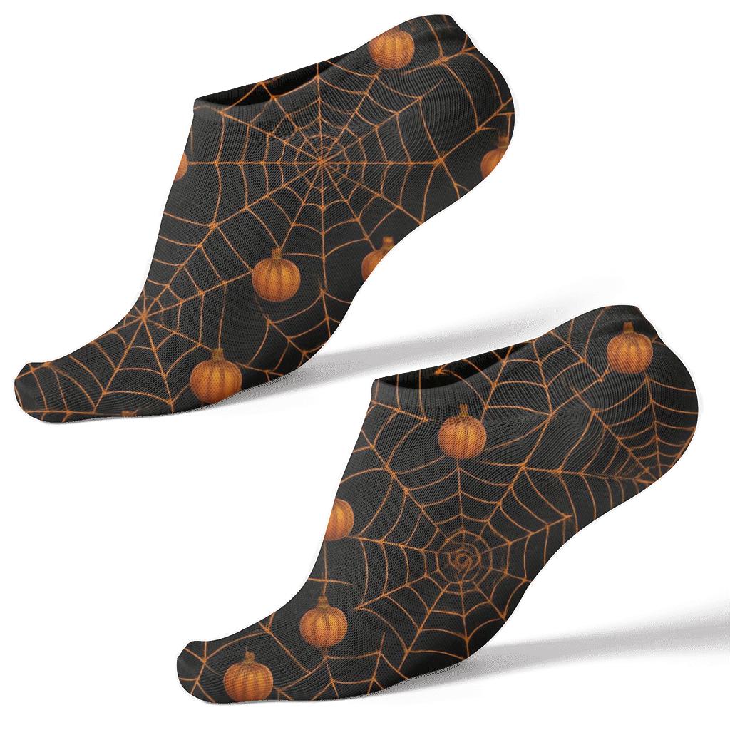 Spider Web Overlay With Pumpkins On Black Background stylish athletic ankle socks