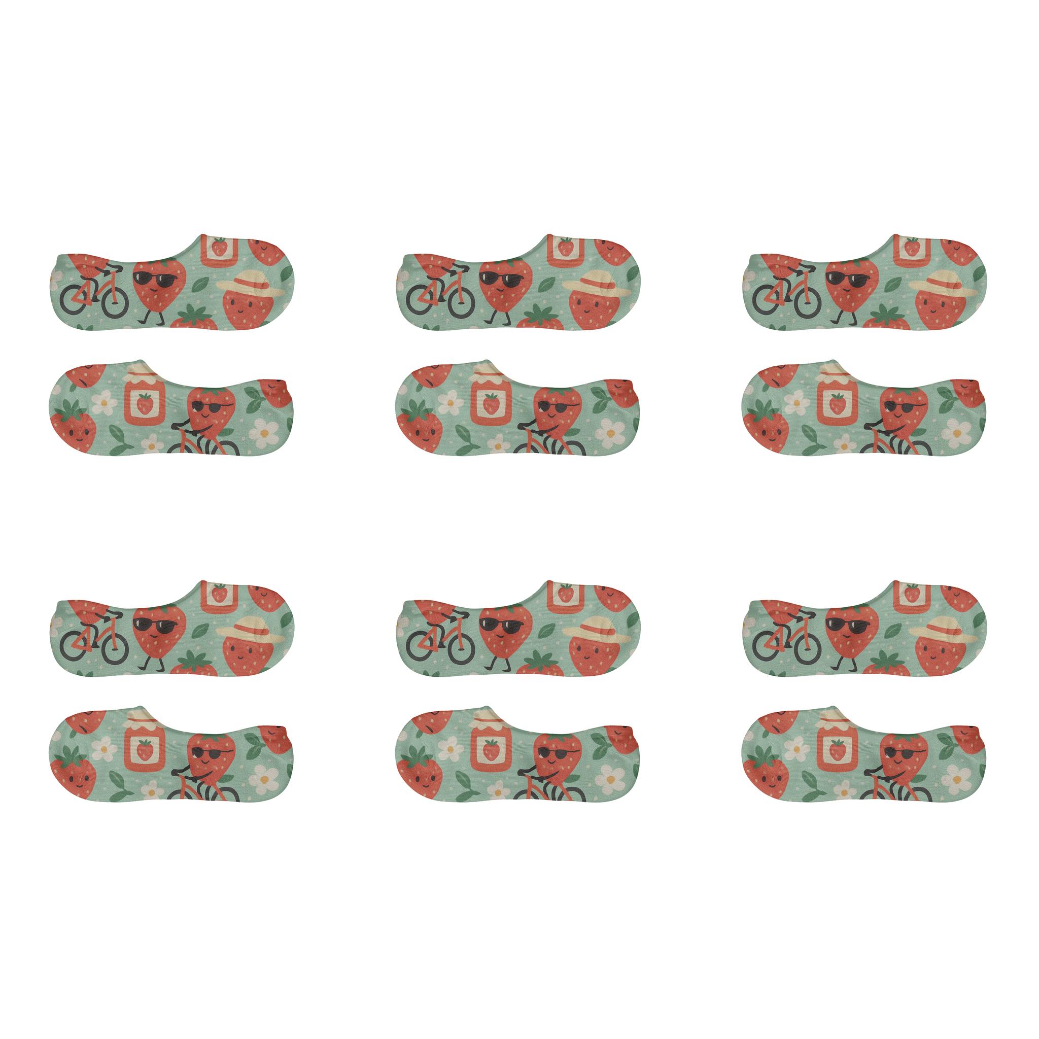 Playful Strawberry Characters On Mint Background breathable seamless no-show sockscustom no-show socks