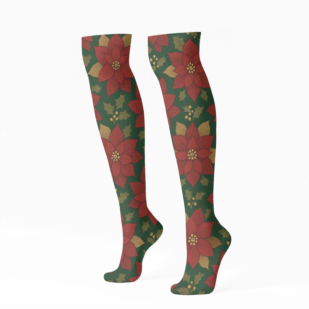 Crimson Poinsettia Tessellation On Deep Green trendy patterned knee-high socks