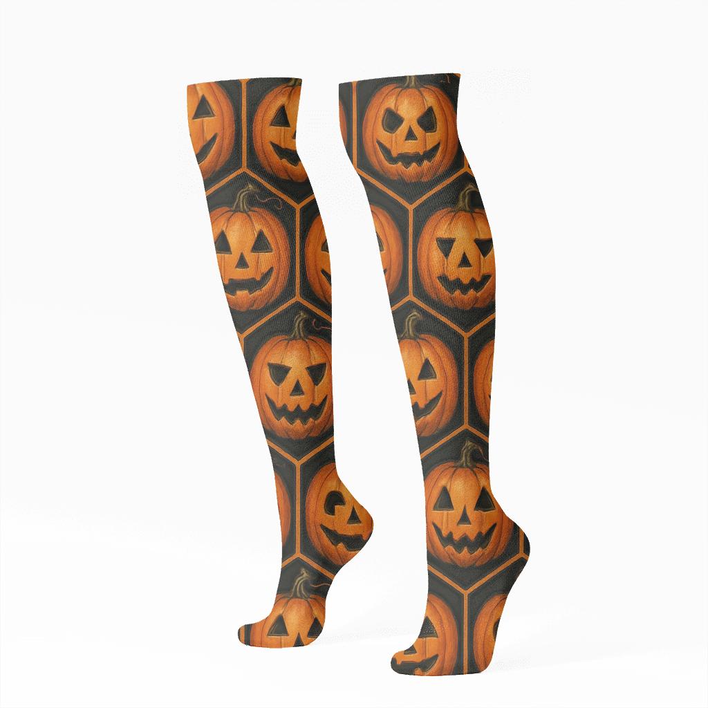Pumpkin Hex Tile On Black Background premium sports knee-high socks