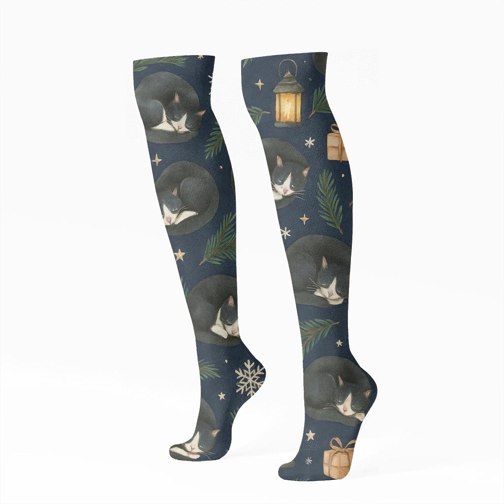 Midnight Carol Cats Scatter trendy patterned knee-high socks