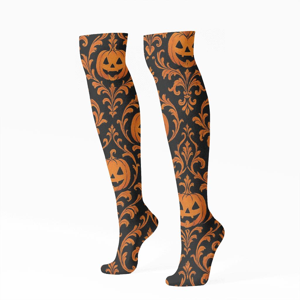 Jack O Lantern Damask On Black Background trendy patterned knee-high socks