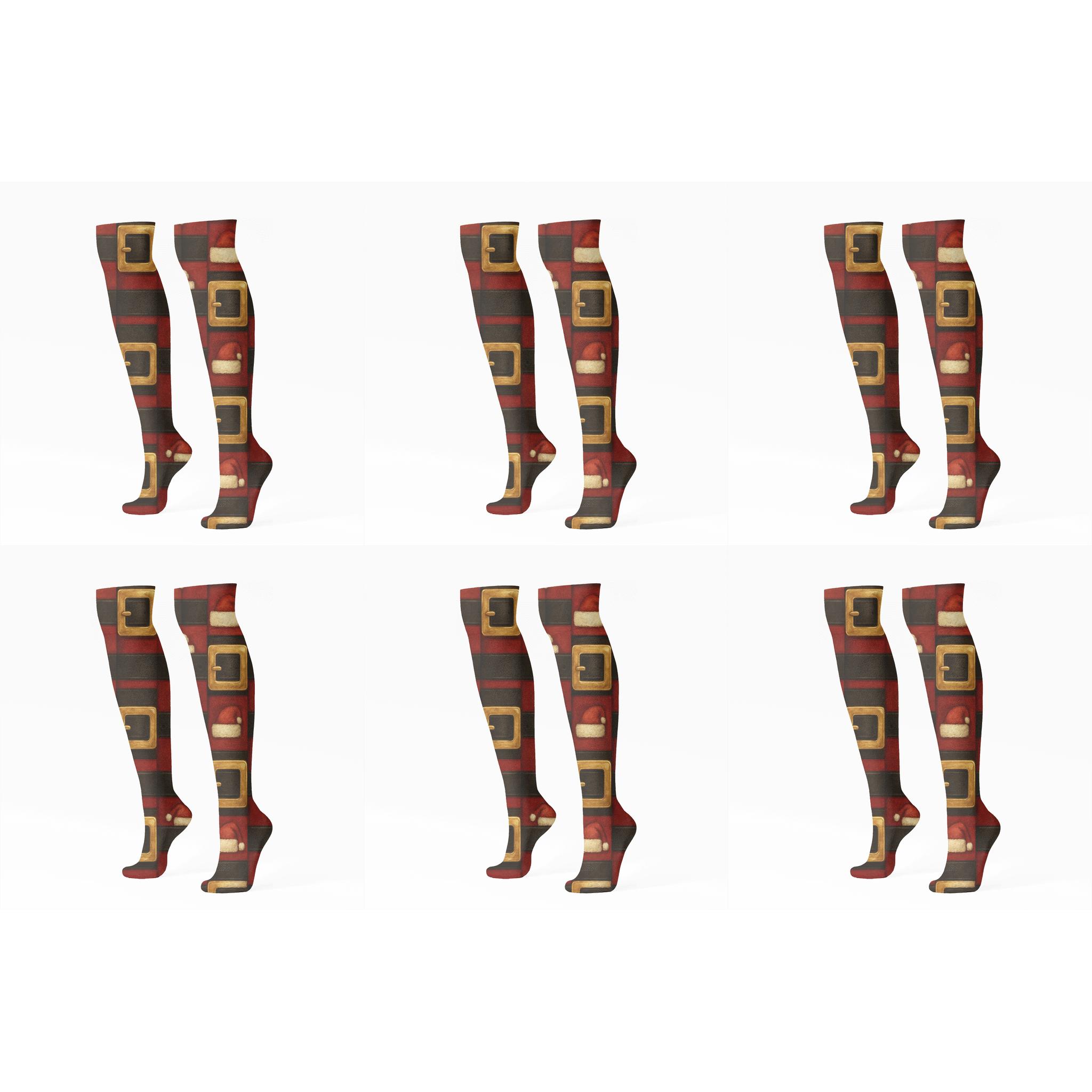 Santa Belt Buckle Grid unique graphic knee-high socks