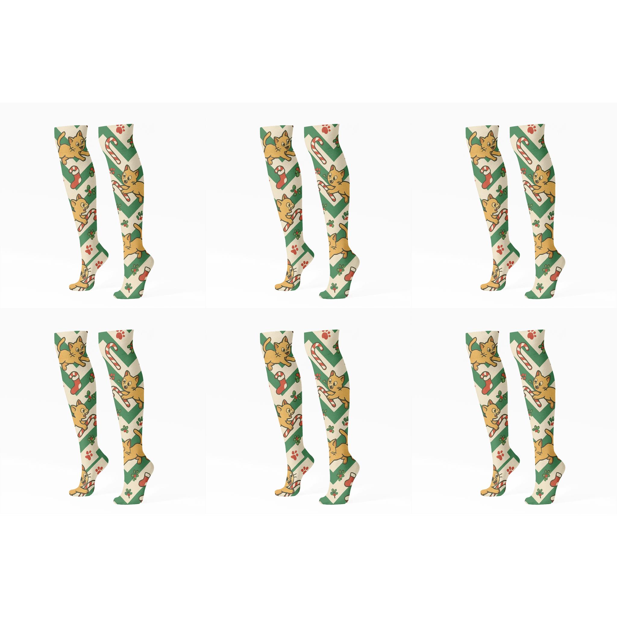 Candy Cane Cat Chevron designer print knee-high socks