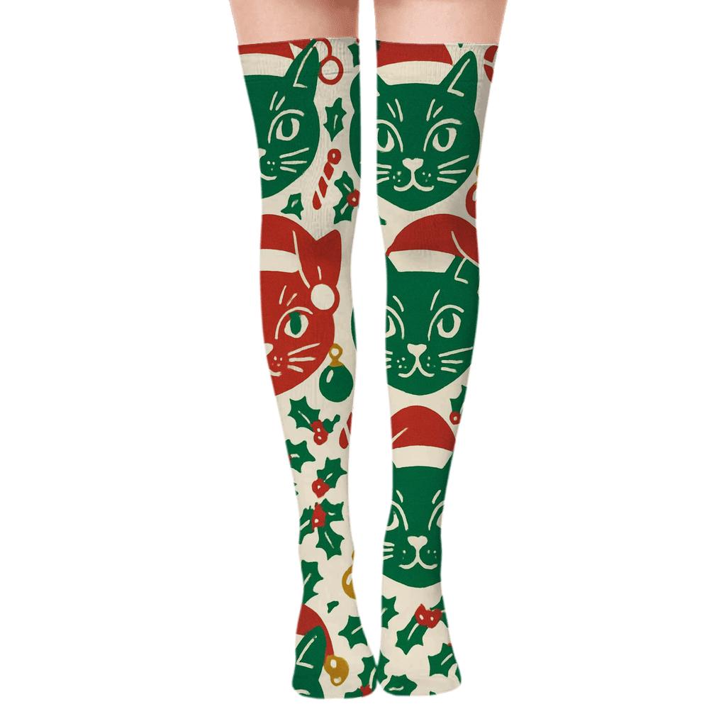 Festive Cat Ornament Grid custom over-the-knee socks