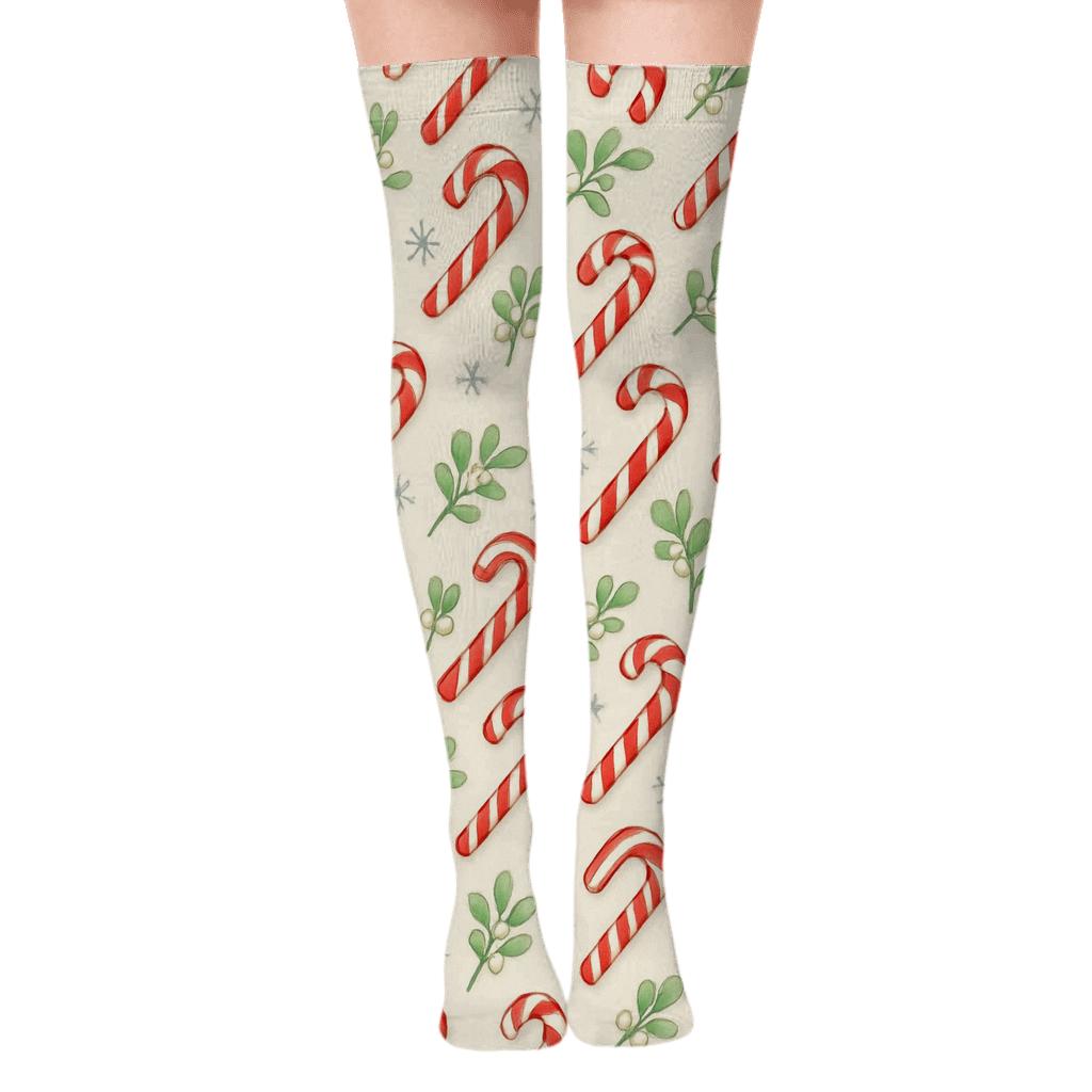 Candy Cane Diagonal Array On Ivory Field trendy patterned over-the-knee socks
