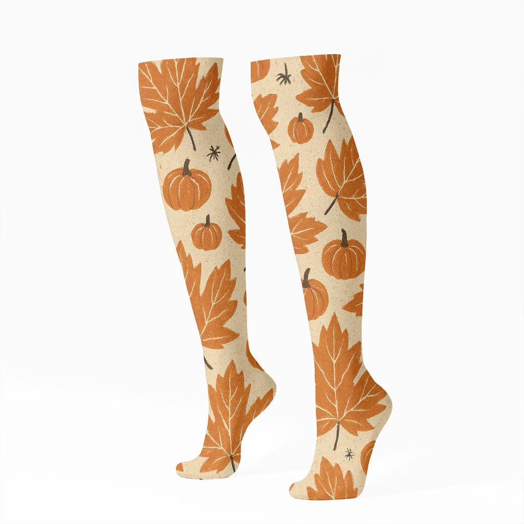 Autumn Leaf Scatter With Pumpkins On Neutral Background designer print knee-high socks