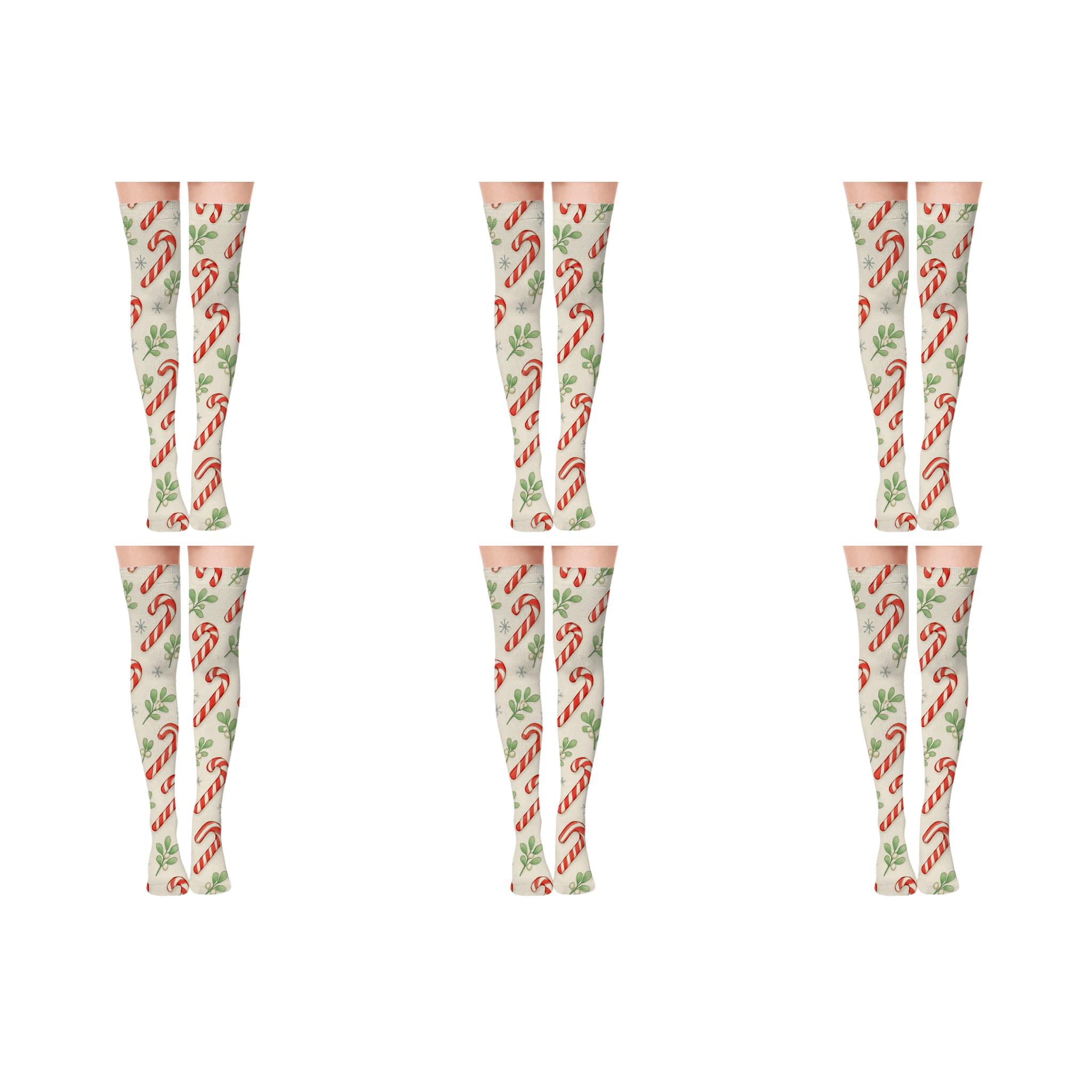 Candy Cane Diagonal Array On Ivory Field personalized over-the-knee socks