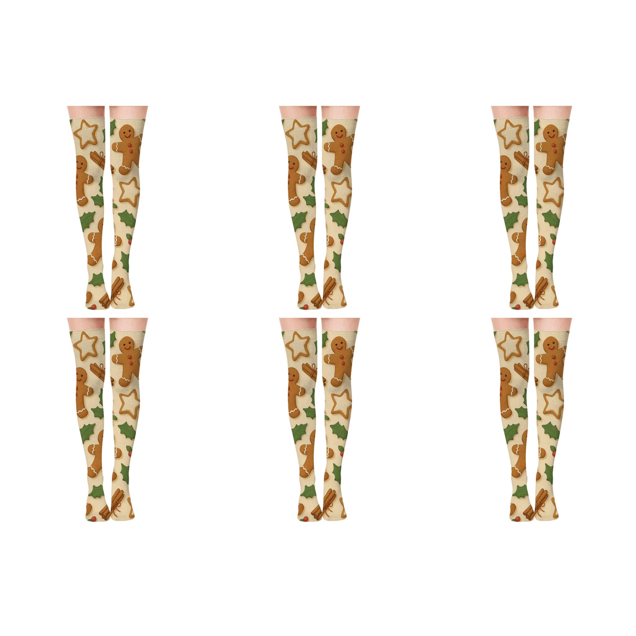 Gingerbread Garland Scatter On Warm Beige trendy patterned over-the-knee socks