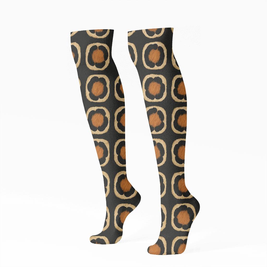 Tawny Rosette Grid On Black Background trendy patterned knee-high socks