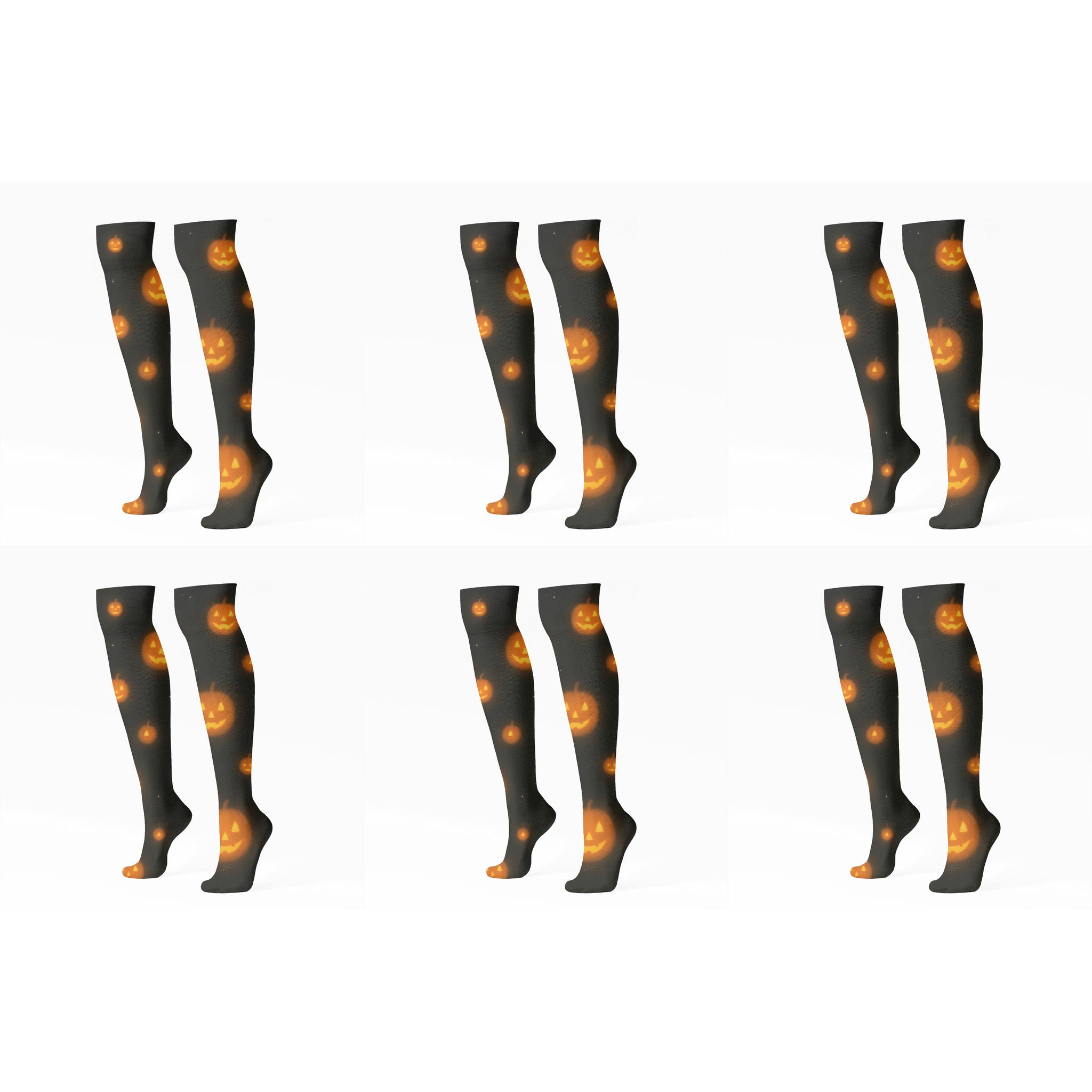 Glowing Pumpkin Scatter On Black Background custom knee-high socks
