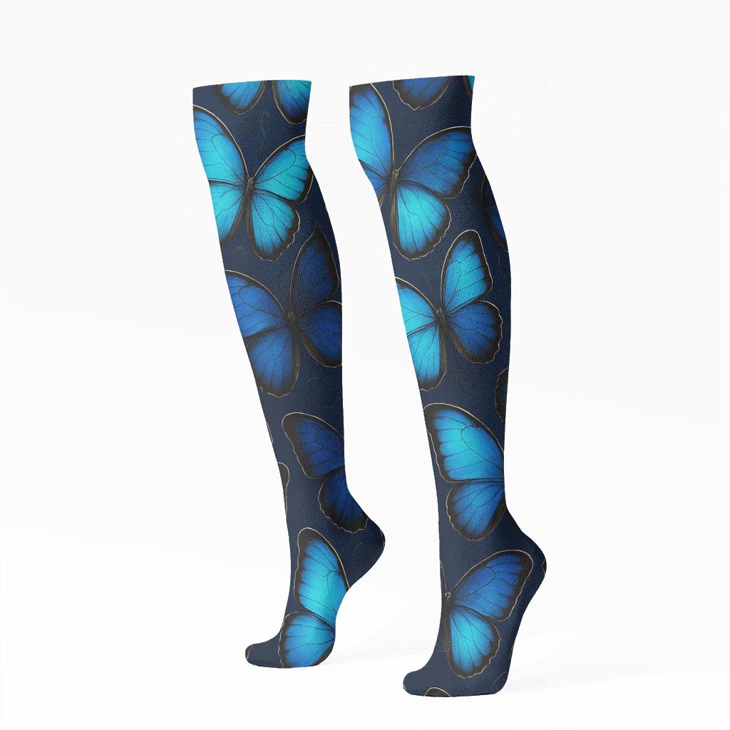 Iridescent Blue Morphos Tessellated Mosaic designer print knee-high socks