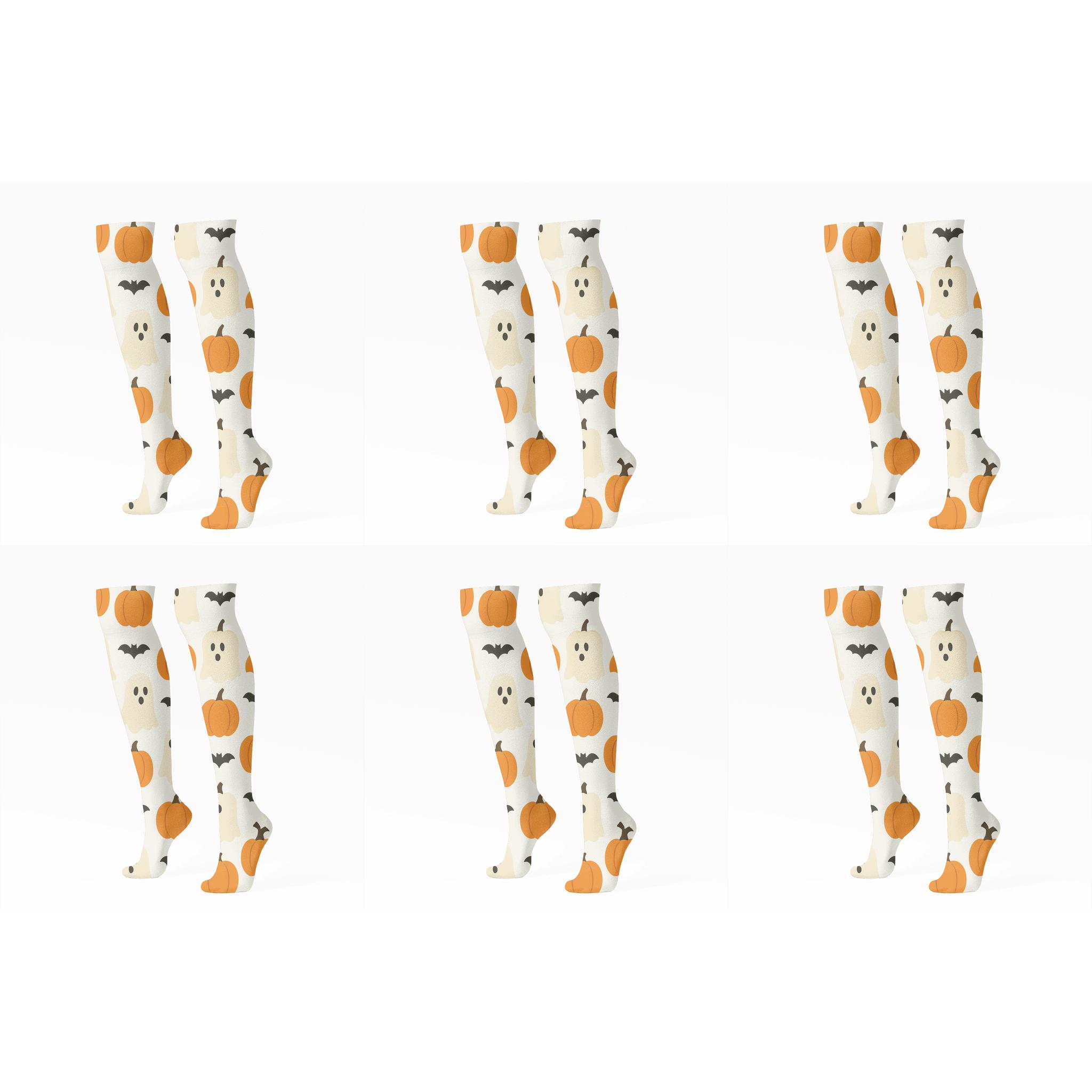 Pumpkin And Ghost Alternating Grid On White Background designer print knee-high socks