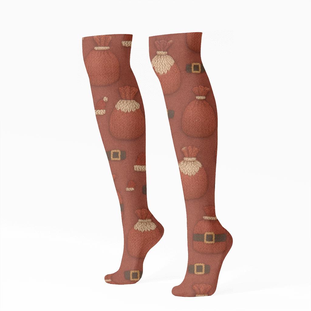 Knitted Santa Sack Scatter designer print knee-high socks