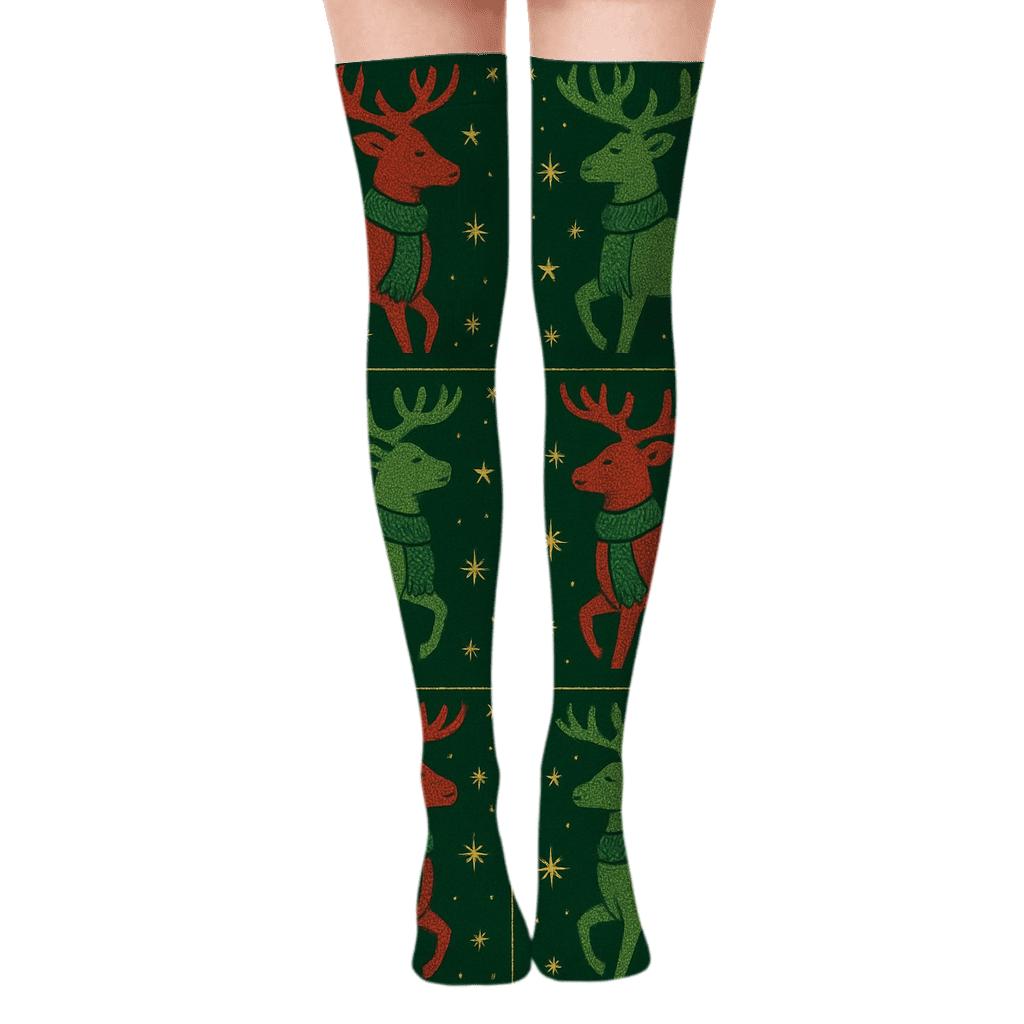 Nordic Reindeer Chess Grid premium cozy over-the-knee socks