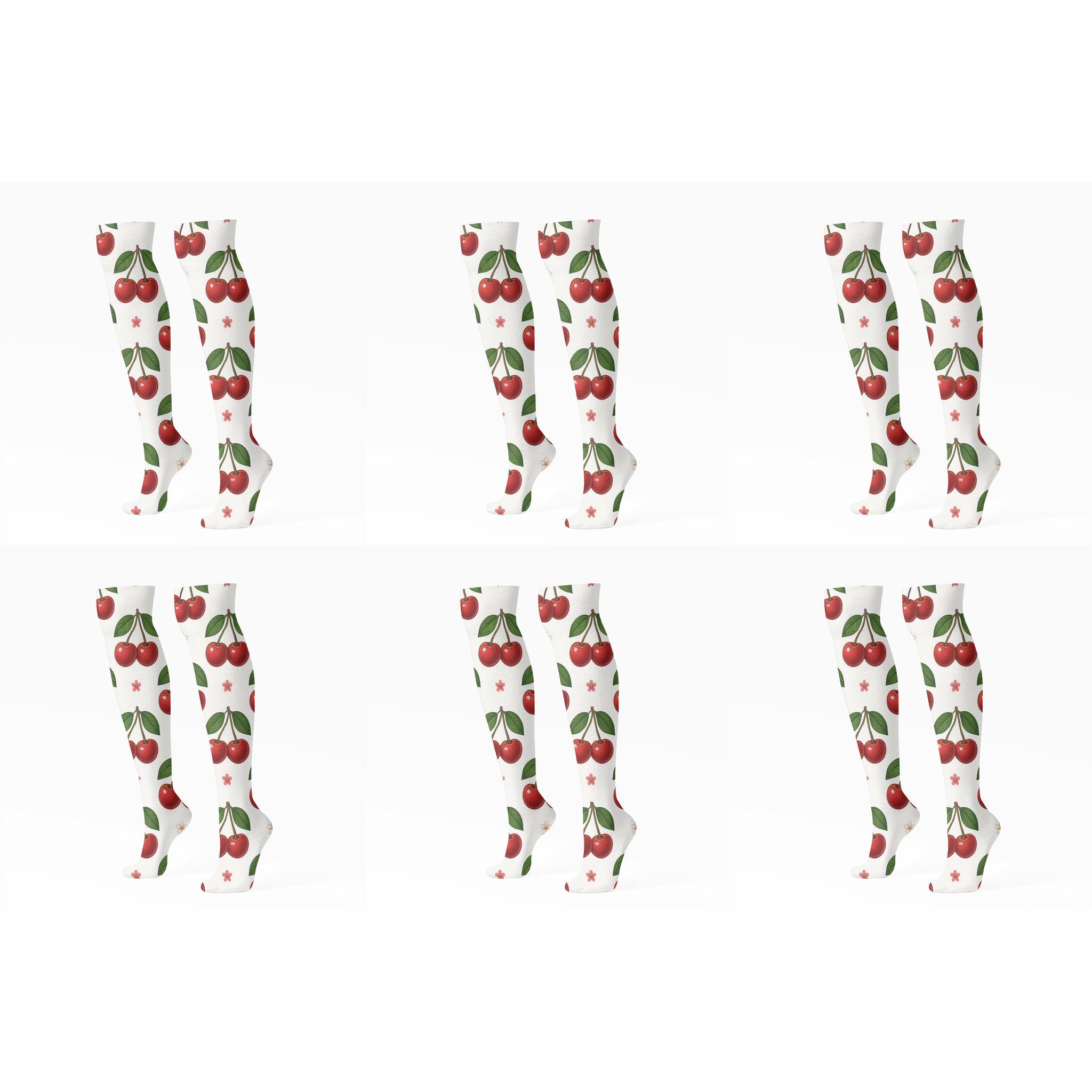 Paired Cherry Grid On White unique graphic knee-high socks