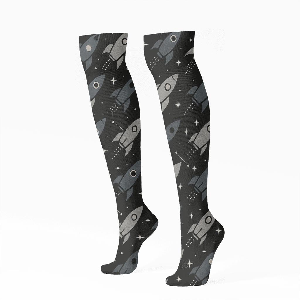 Retro Rocket Chevron Grid unique graphic knee-high socks
