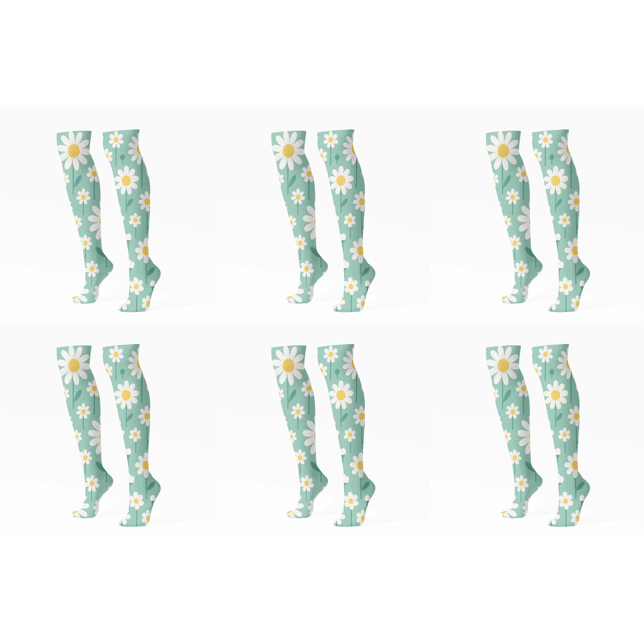 Daisy Grid On Mint Field soft everyday knee-high socks
