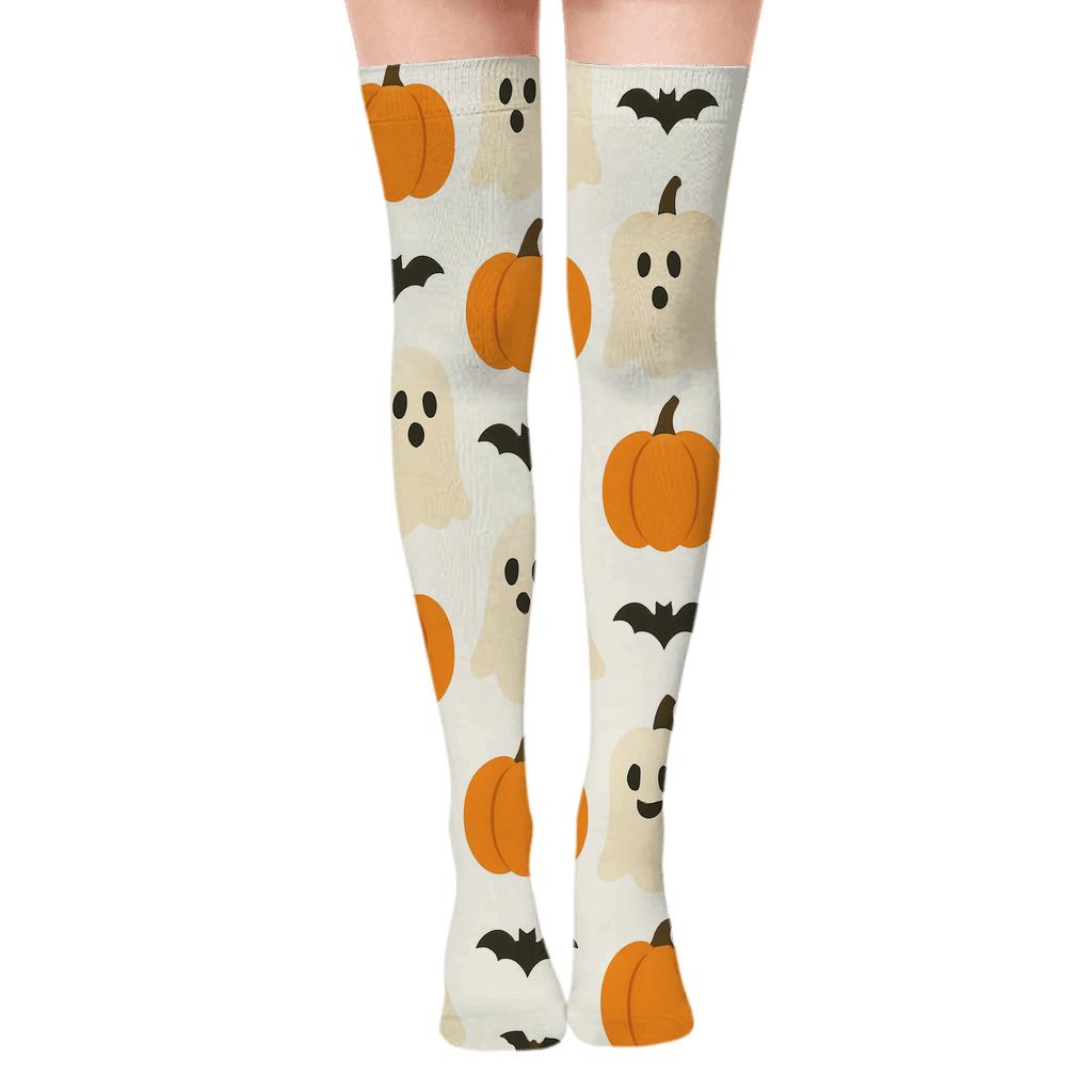 Pumpkin And Ghost Alternating Grid On White Background designer print over-the-knee socks