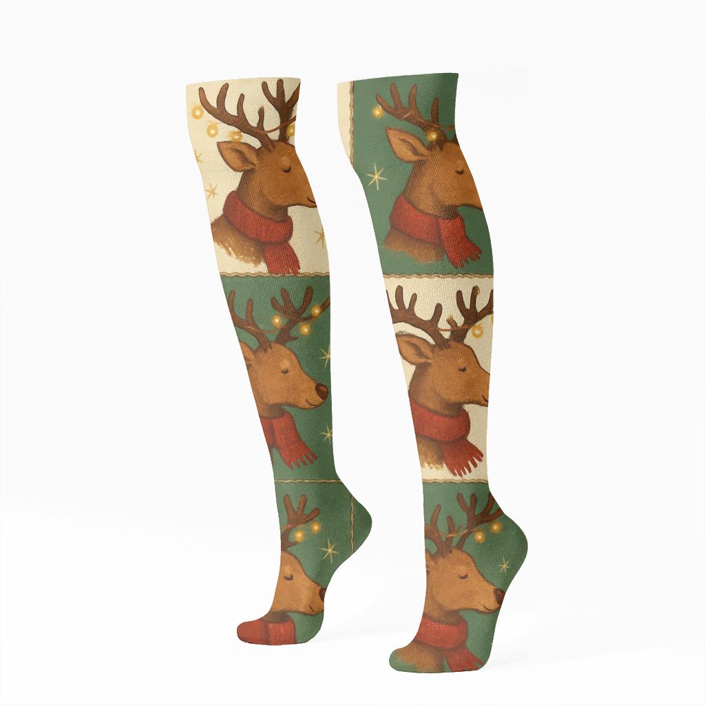 Reindeer Head Medley Christmas Patchwork unique graphic knee-high socks