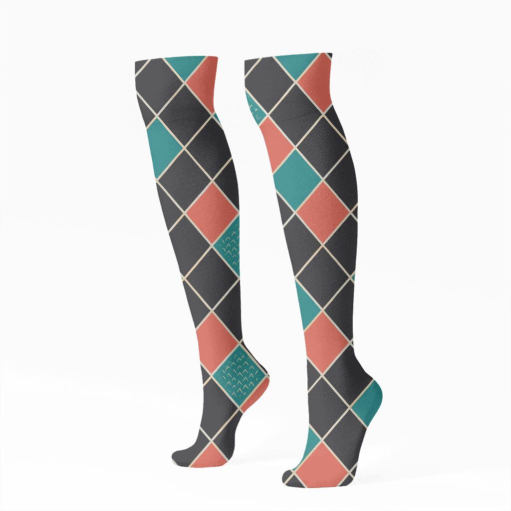 Diagonal Diamond Check With Tiny Chevron Scatter unique graphic knee-high socks