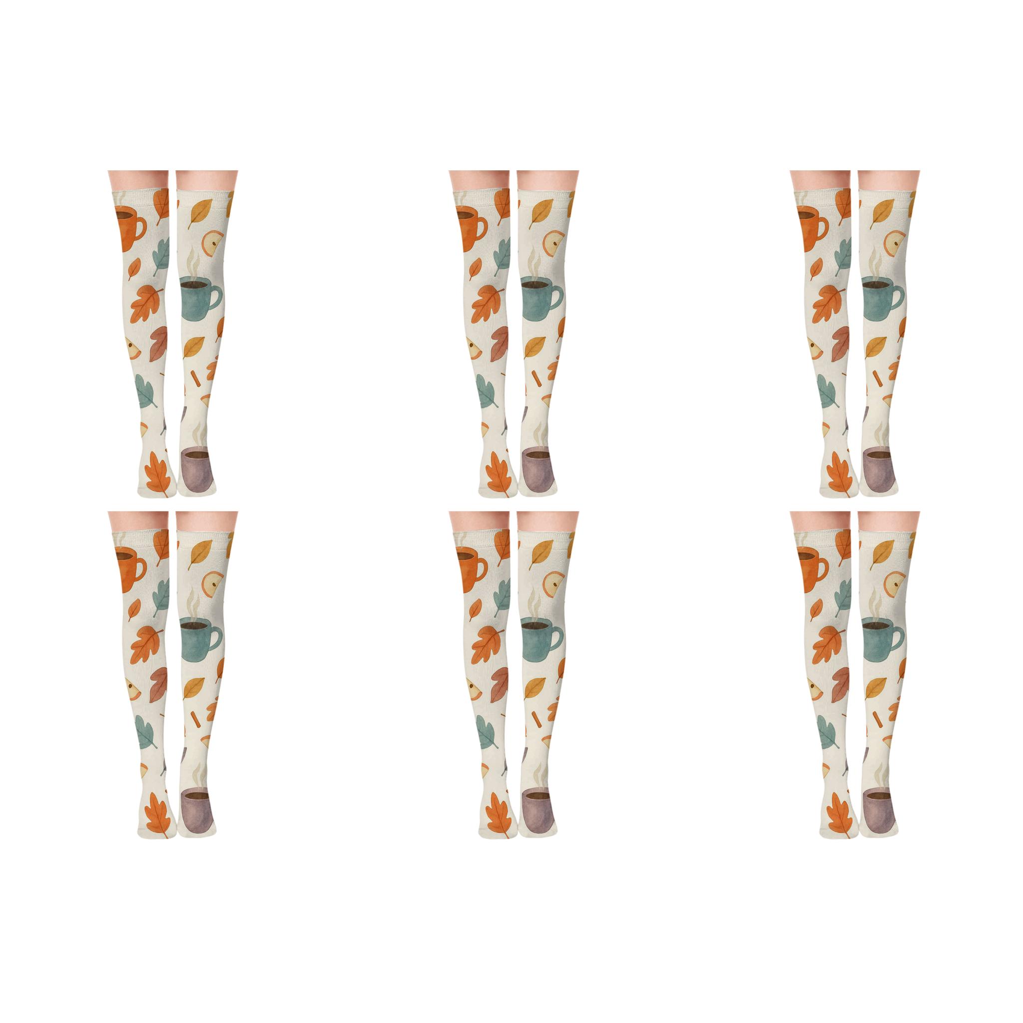 Scattered Coffee Mugs And Leaves On Cream custom over-the-knee socks