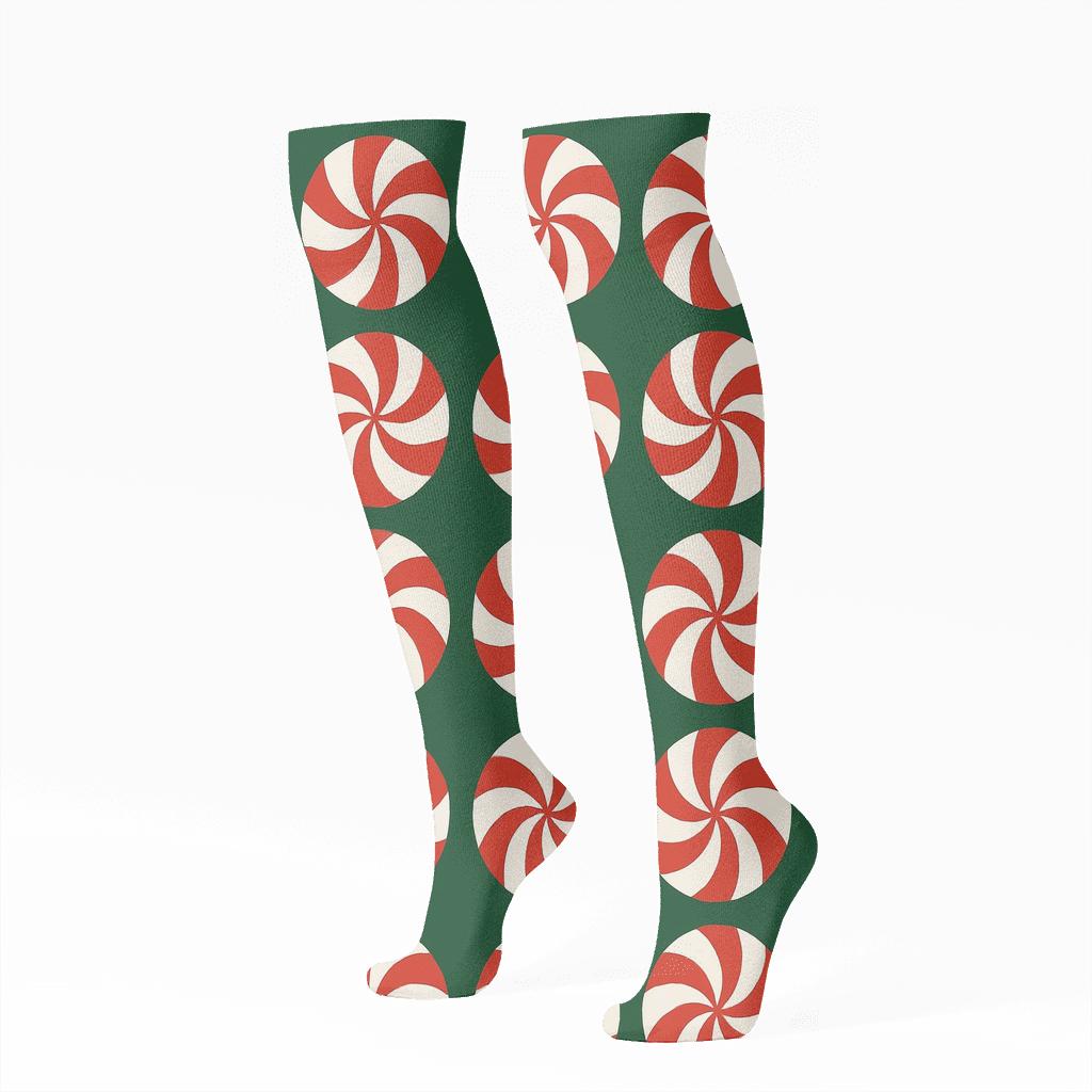 Peppermint Swirl Holiday Tiles comfortable cotton knee-high socks