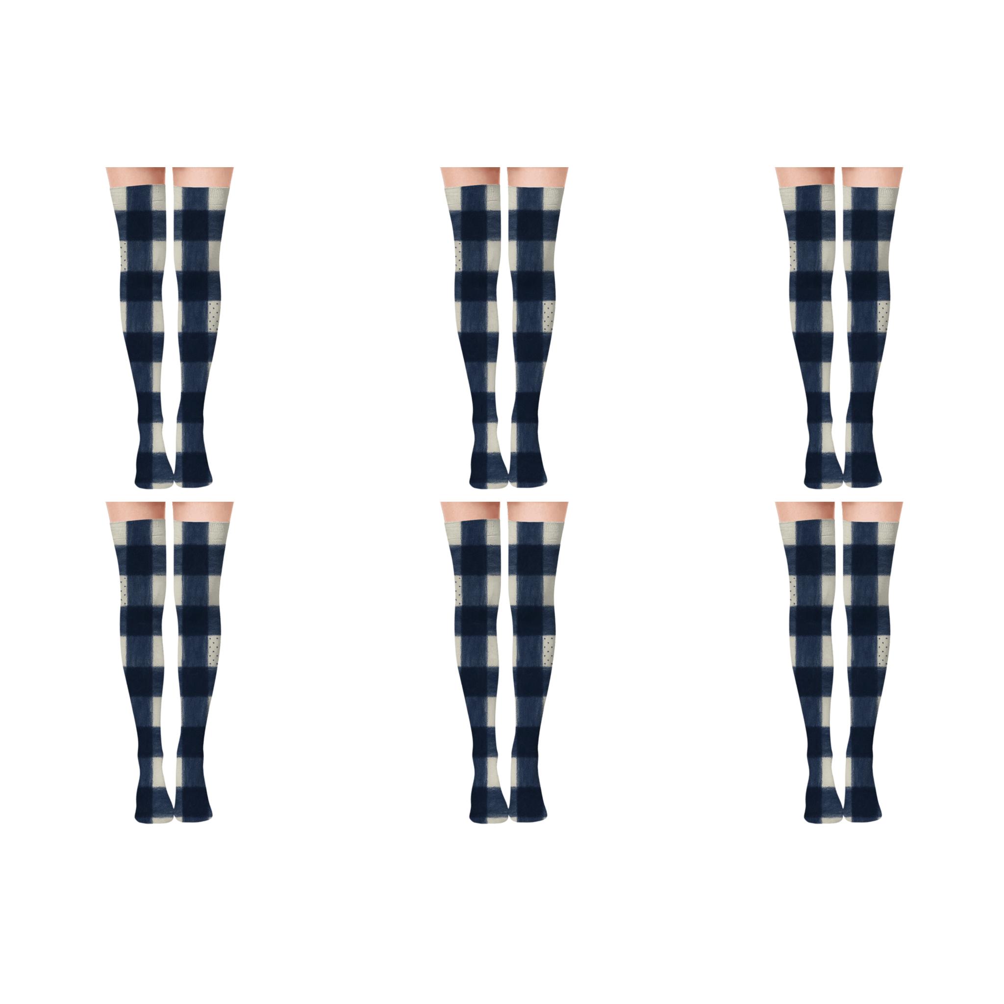 Duotone Navy Gingham With Micro Dot Fill stylish fashion over-the-knee socks