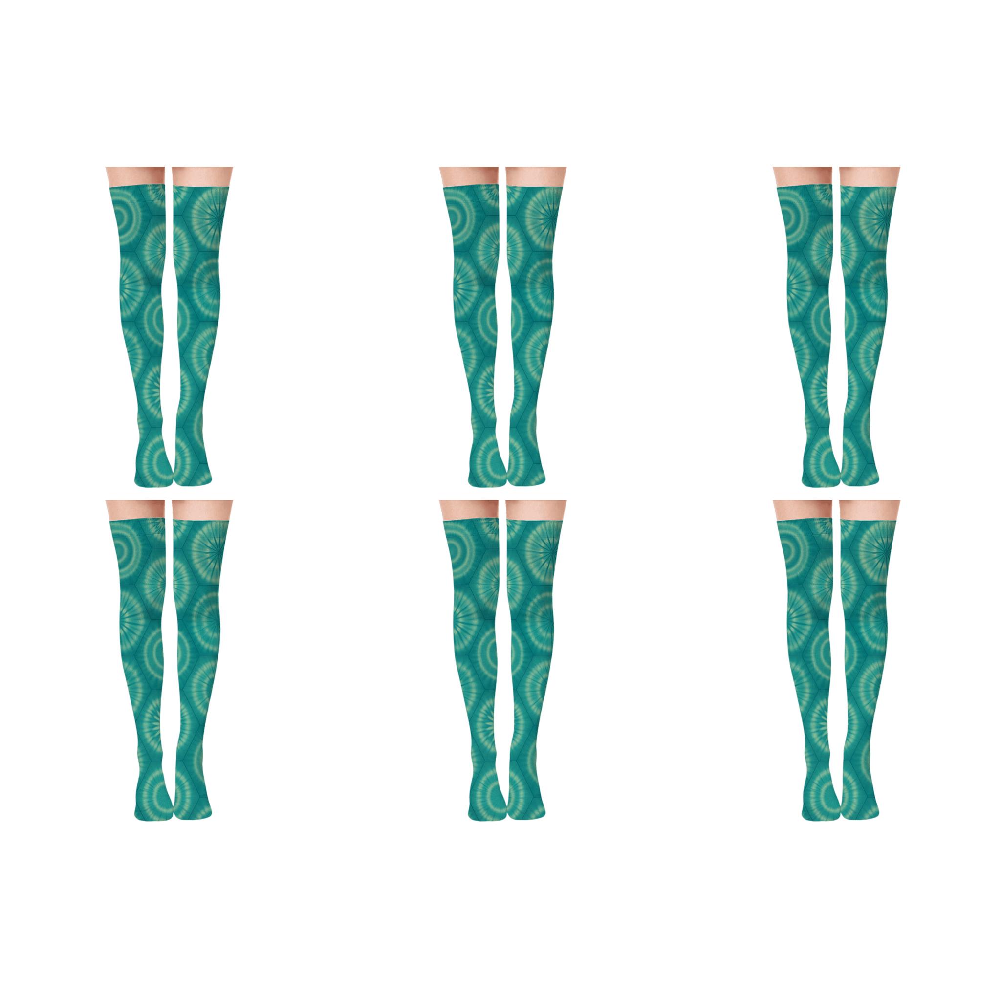 Sunburst Mandala Tile On Teal Background soft everyday over-the-knee socks