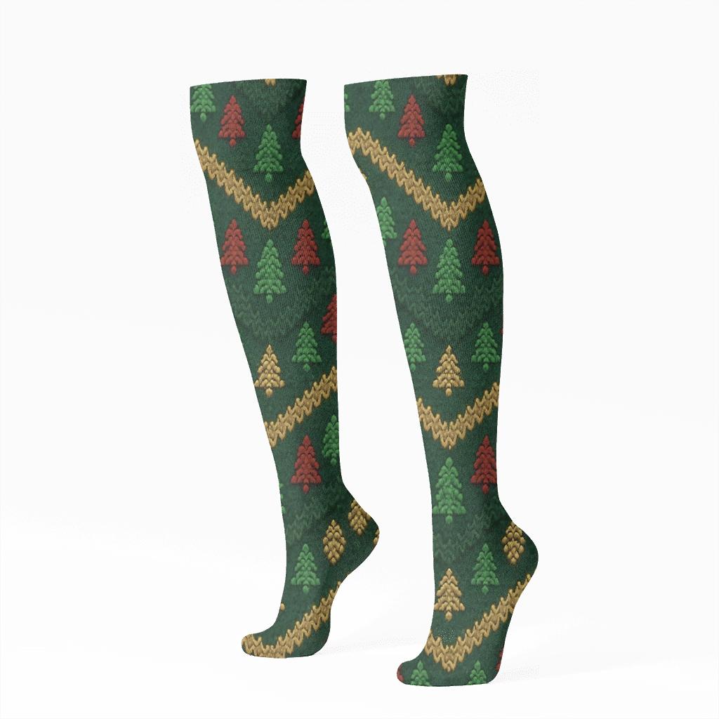 Christmas Tree Knit Chevron Repeat trendy patterned knee-high socks