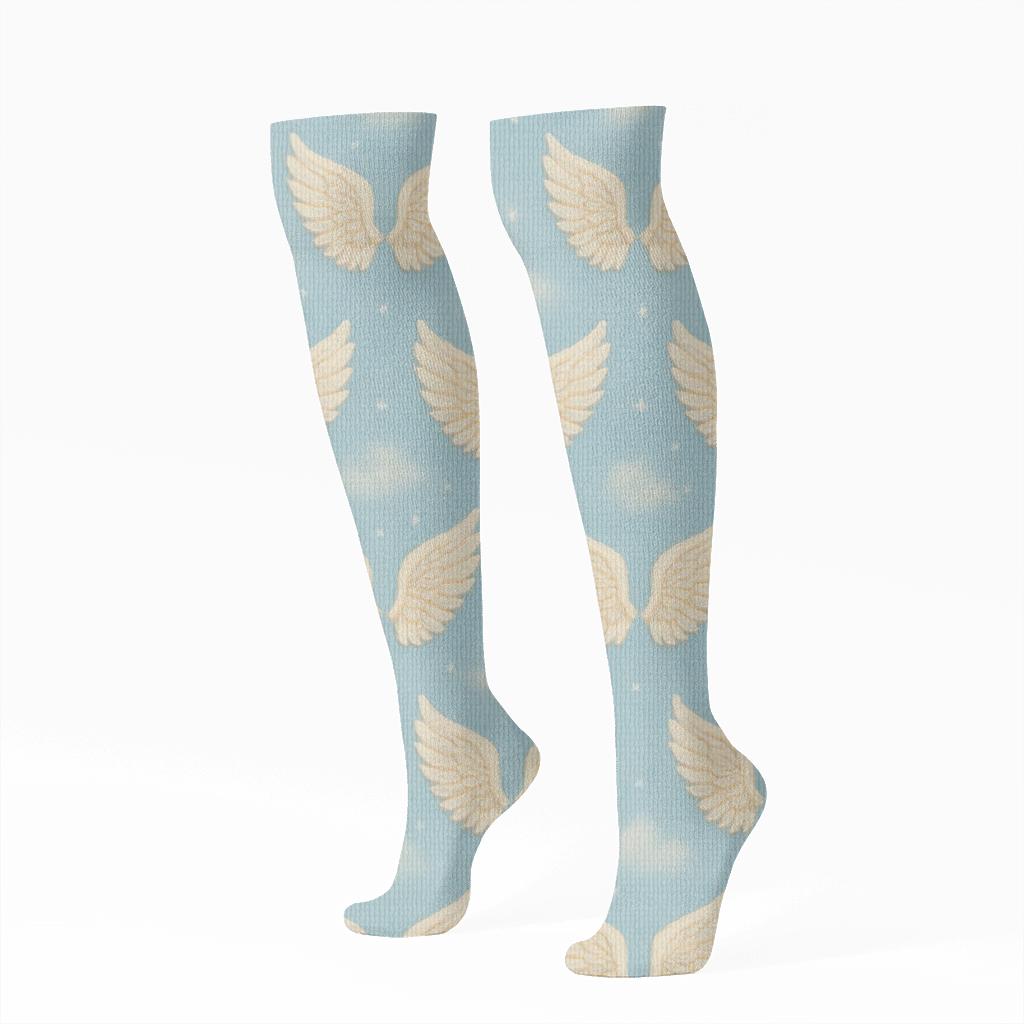 Pearly Wing Grid Angel Print trendy patterned knee-high socks