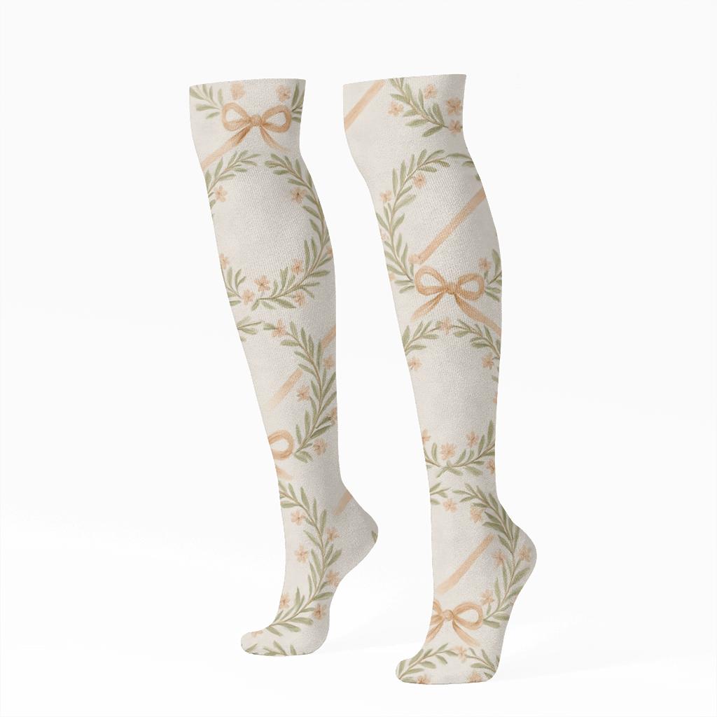 Ribbon Tied Floral Hoop Wreath soft everyday knee-high socks