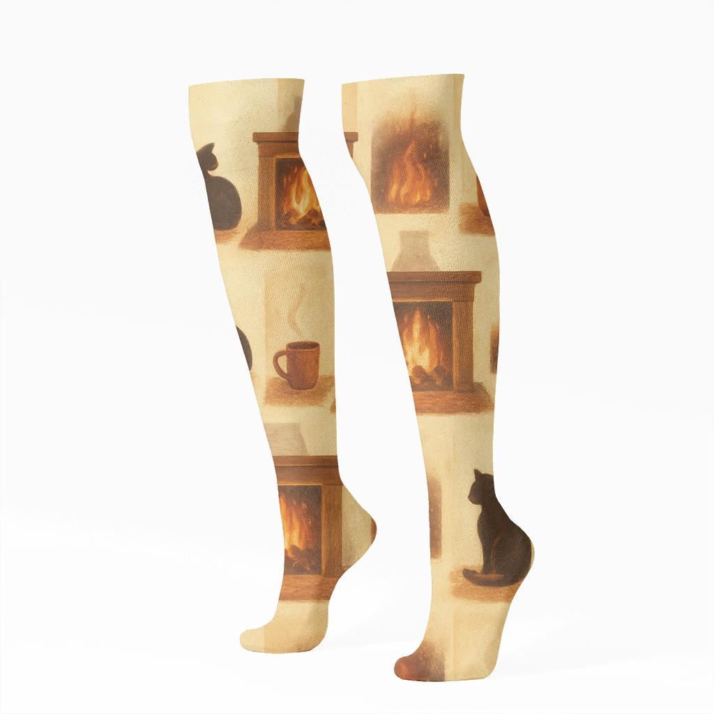 Cozy Hearth Scene With Fireplace Midline custom knee-high socks
