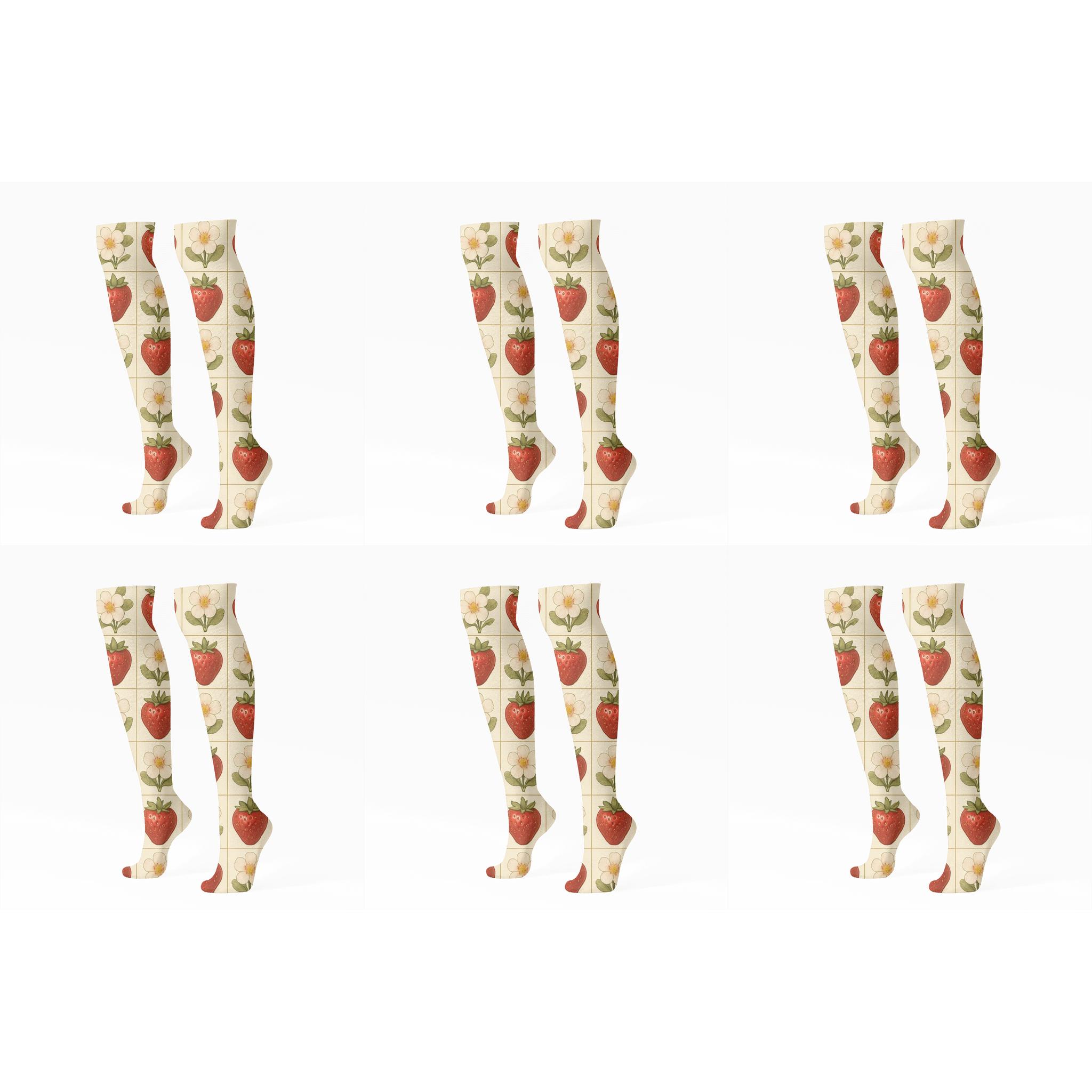 Ripe Strawberry Grid On Cream Background trendy patterned knee-high socks
