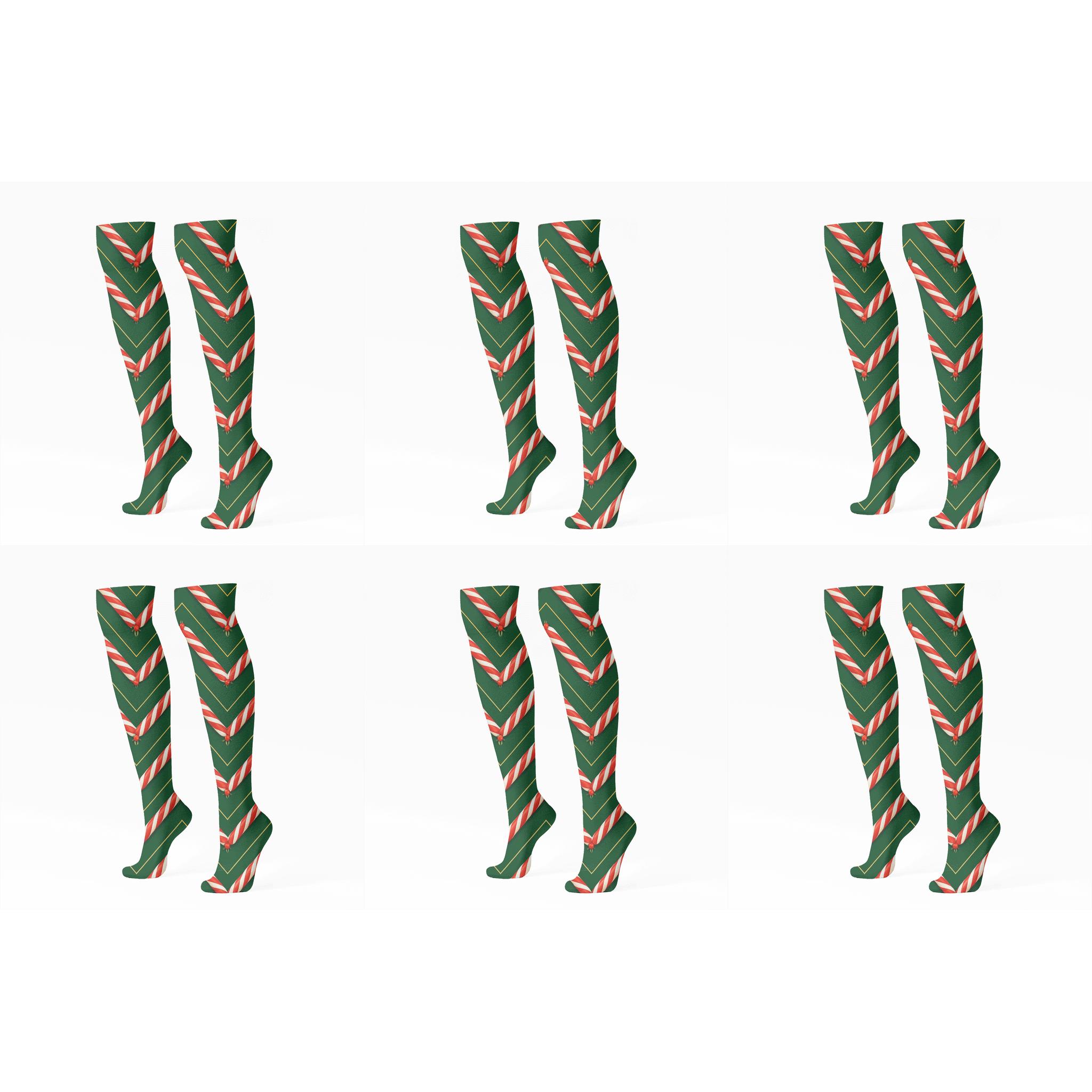 Xmas Candy Cane Chevron On Green custom knee-high socks