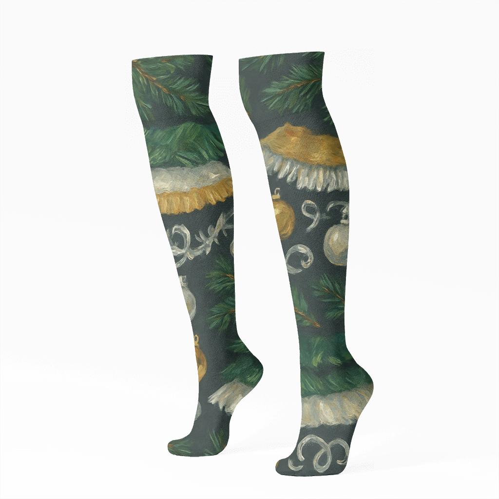 Evergreen Bough Collage With Christmas Tree Skirt Compound personalized knee-high socks