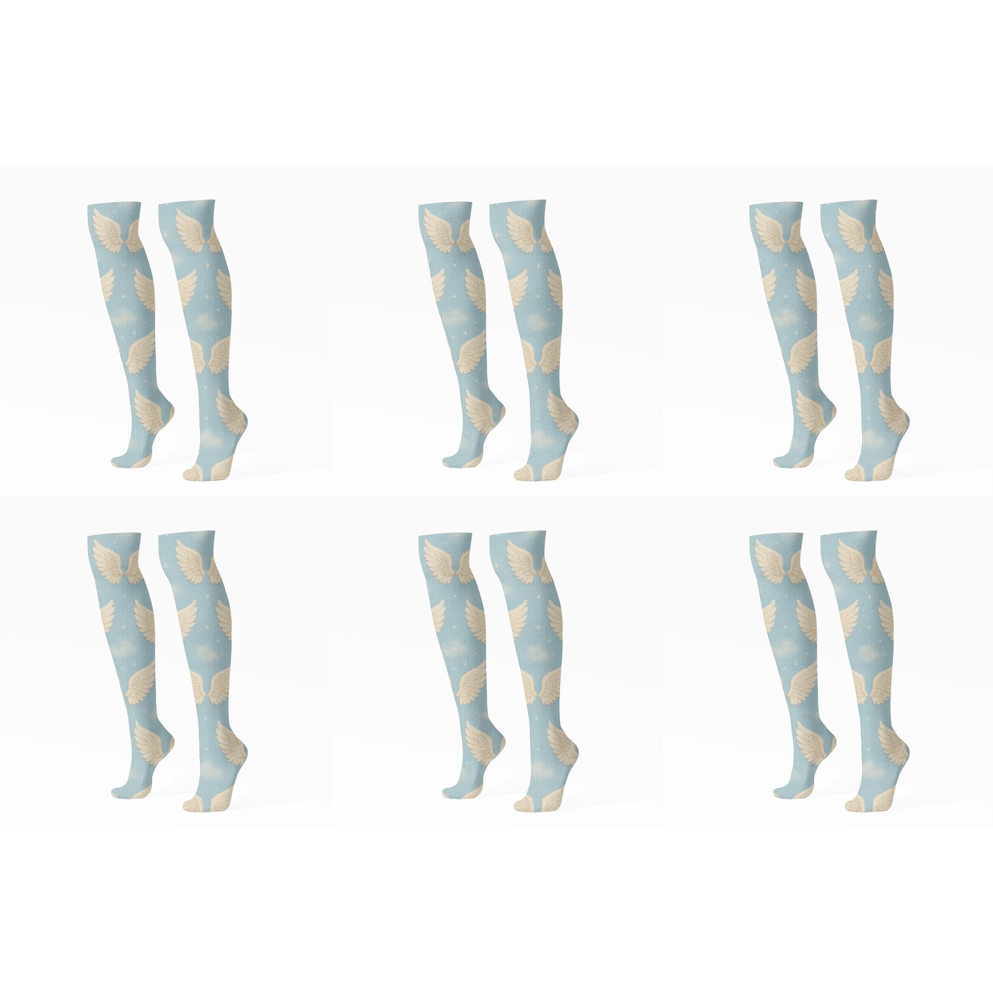 Pearly Wing Grid Angel Print unique graphic knee-high socks