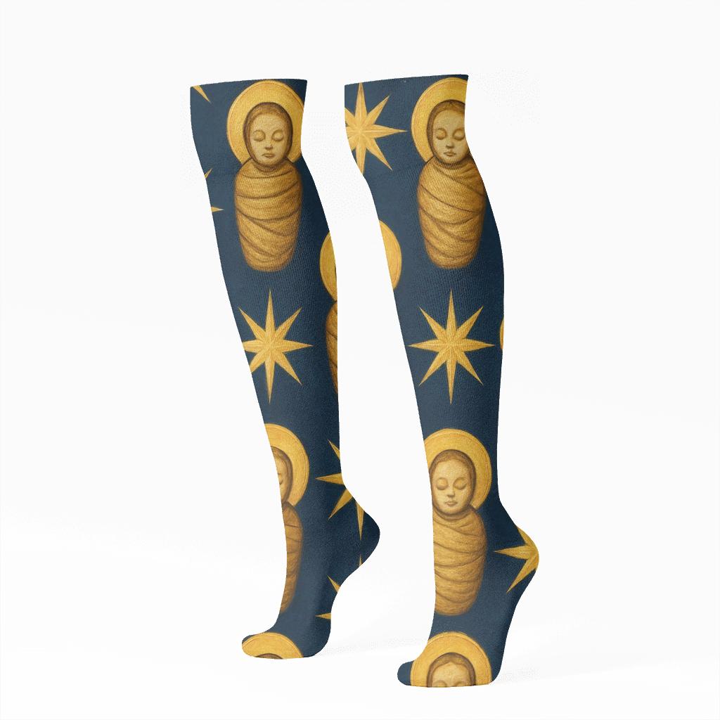 Radiant Halo Mosaic Baby Jesus premium sports knee-high socks
