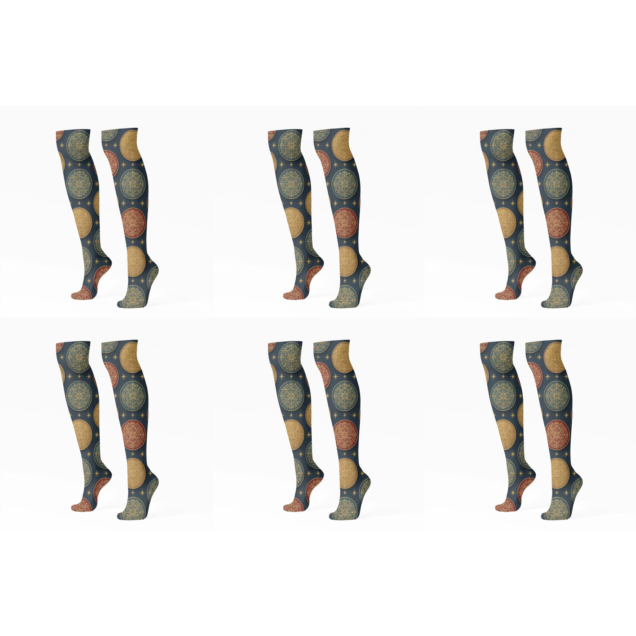 Holiday Ornament Medallion On Navy Blue personalized knee-high socks