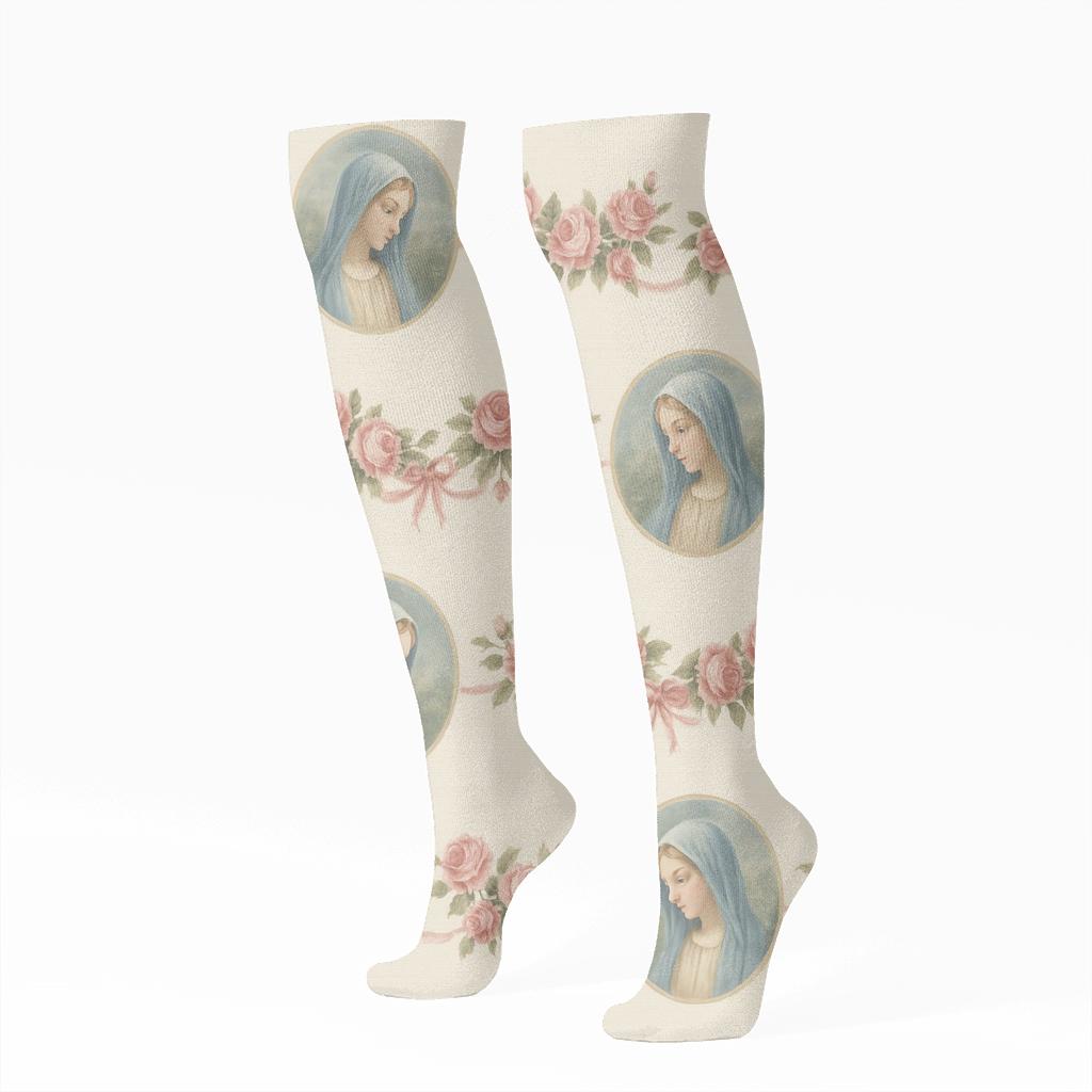 Mary With Roses Border Array trendy patterned knee-high socks