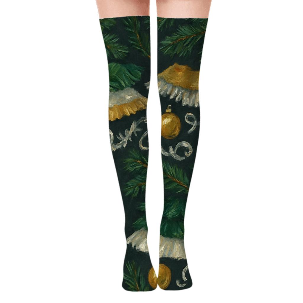 Evergreen Bough Collage With Christmas Tree Skirt Compound comfortable cotton over-the-knee socks