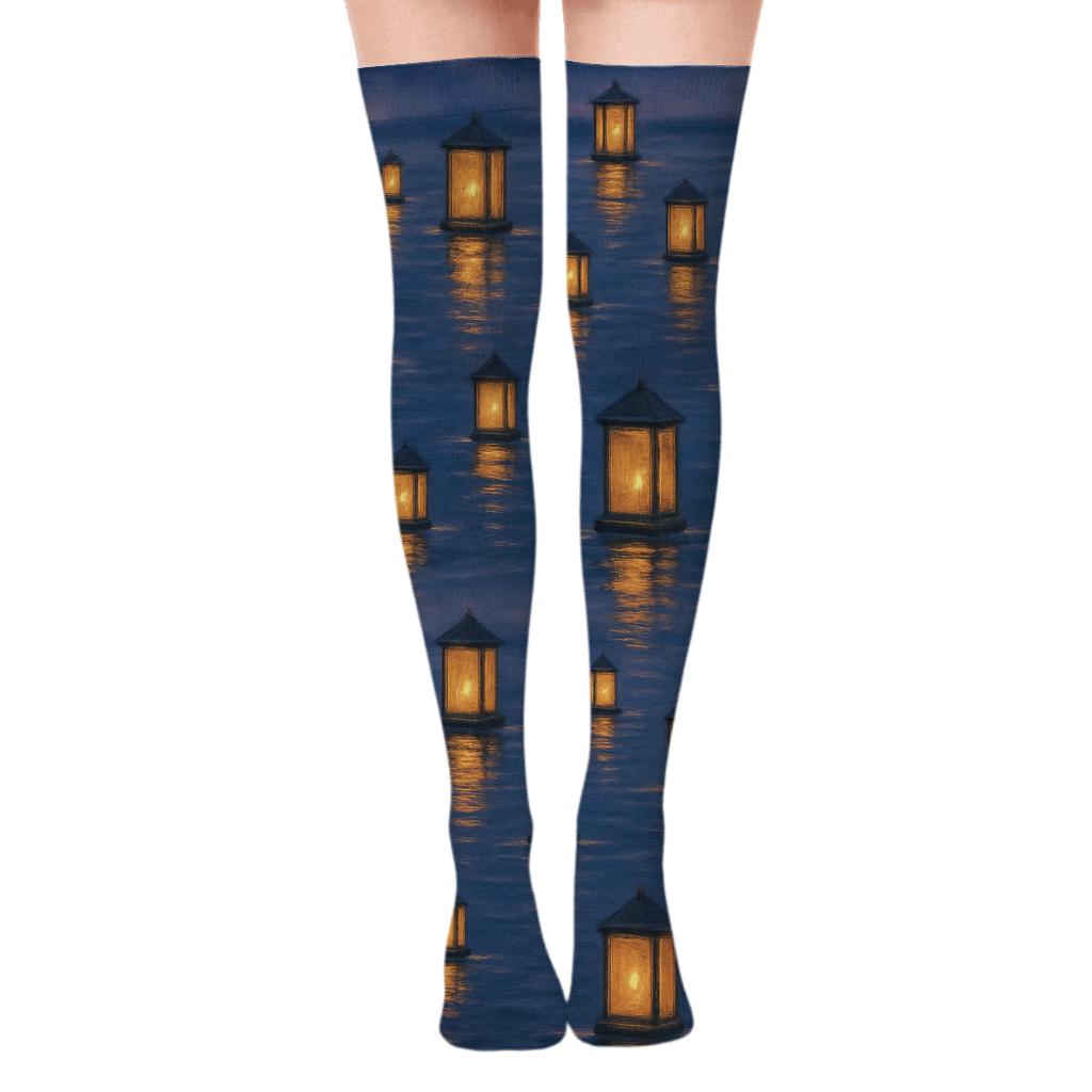 Floating Lantern Tessellation With Twilight Reflections trendy patterned over-the-knee socks